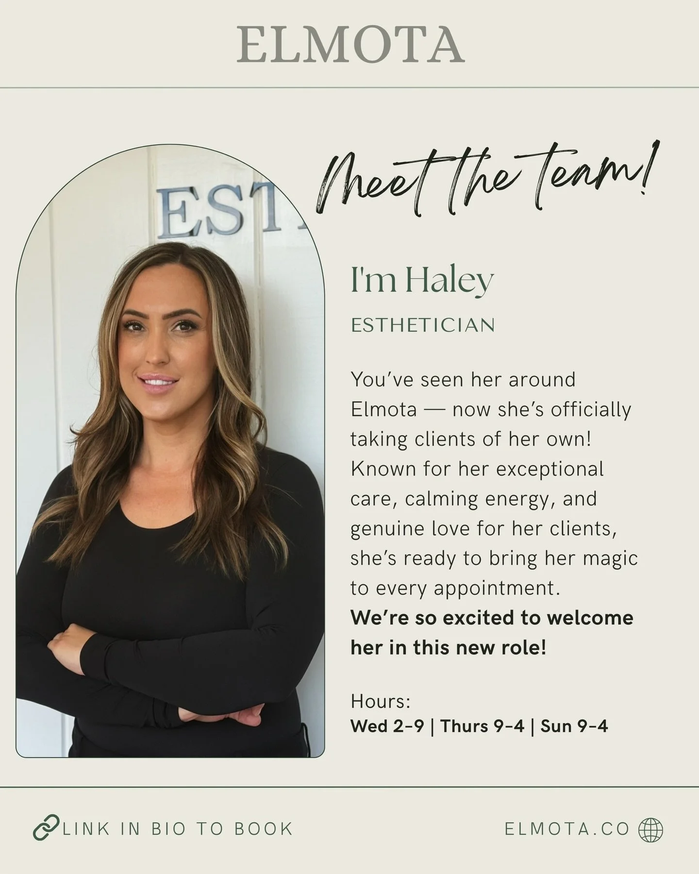 Meet Haley 🤍

You&rsquo;ve seen her around Elmota&mdash;now she&rsquo;s officially taking clients of her own. Known for her calming energy, thoughtful care, and genuine love for what she does, Haley is here to make every appointment feel special.

W