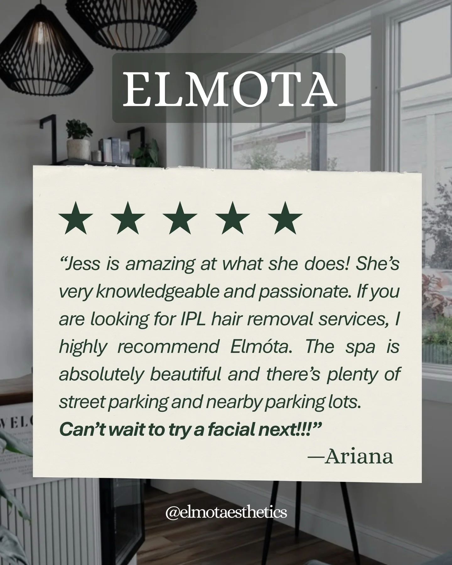Real reviews. Real results.

If you&rsquo;ve loved your experience at Elmota, we would truly appreciate you taking a moment to leave us a review. 

🗣️It helps others discover what we do and what makes our treatments different.

Visit our Google page