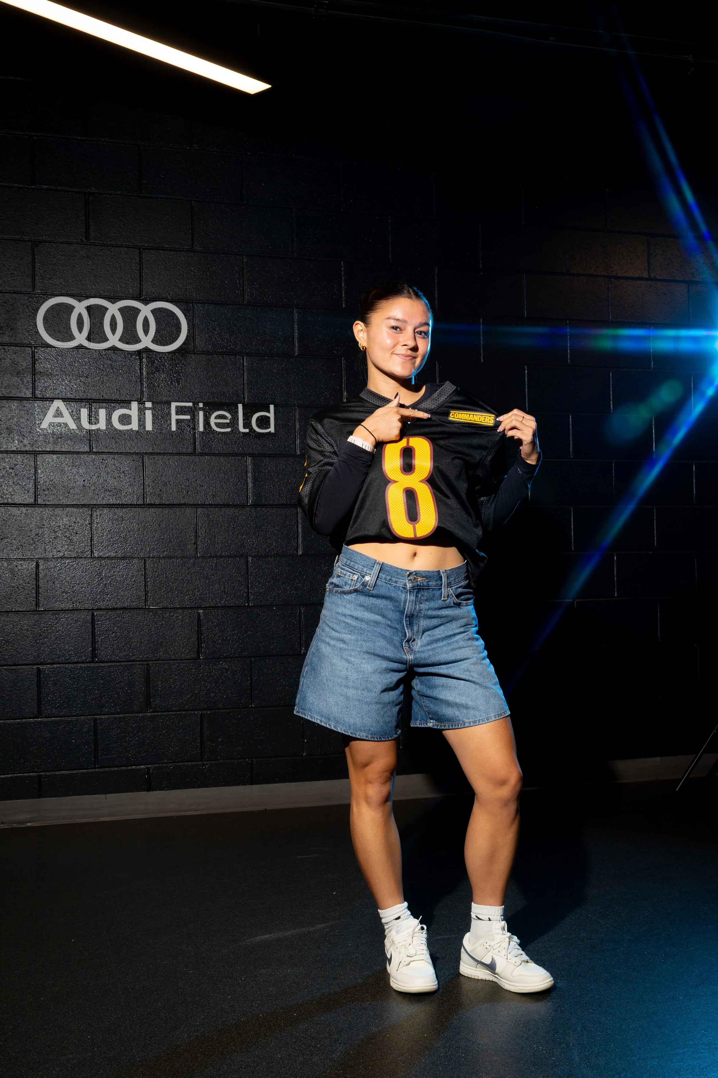 Carleigh Frilles poses for an arrival portrait ahead of DC Power FC's match against Spokane Zephyr FC at Audi Field in Washington, D.C., on Oct. 19, 2025.