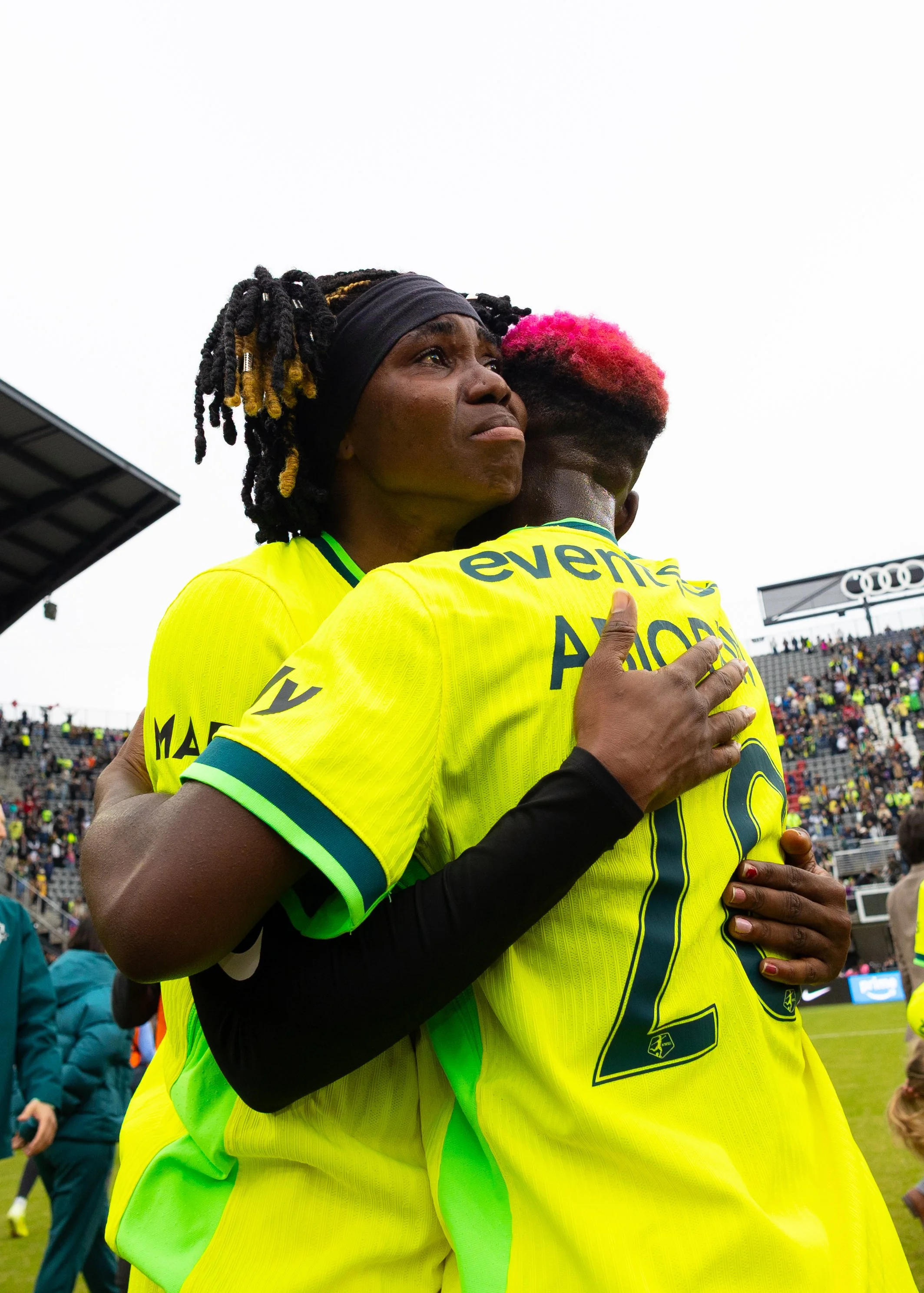 The Washington Spirit's Gift Monday tears up following the Spirit's 2-0 win against the Portland Thorns at Audi Field on Nov. 15, 2025 to bring the Spirit to their second straight NWSL championship match.