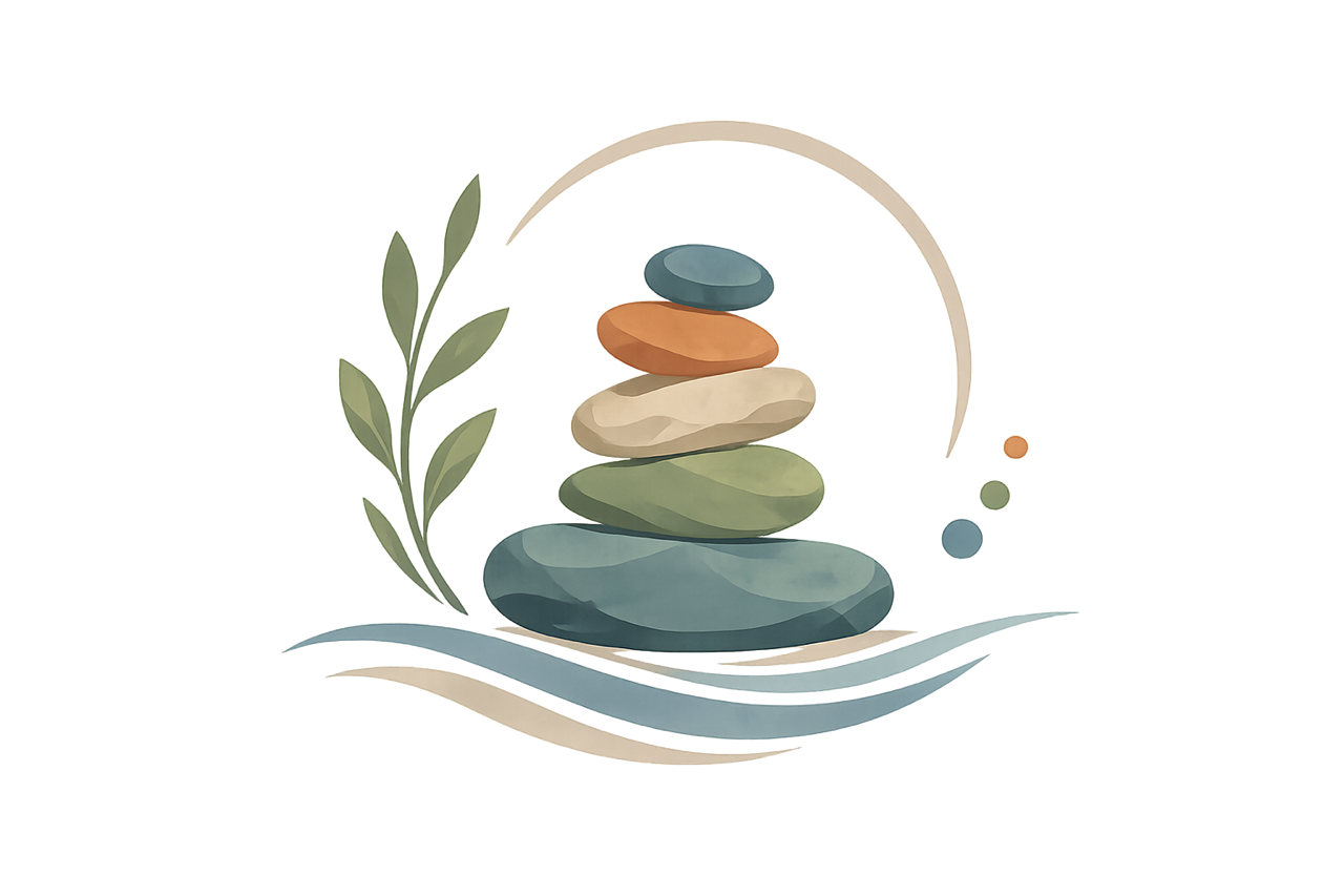 Stacked smooth stones, a leafy branch, and wavy elements on a white background, with a yellow vertical strip on the left
