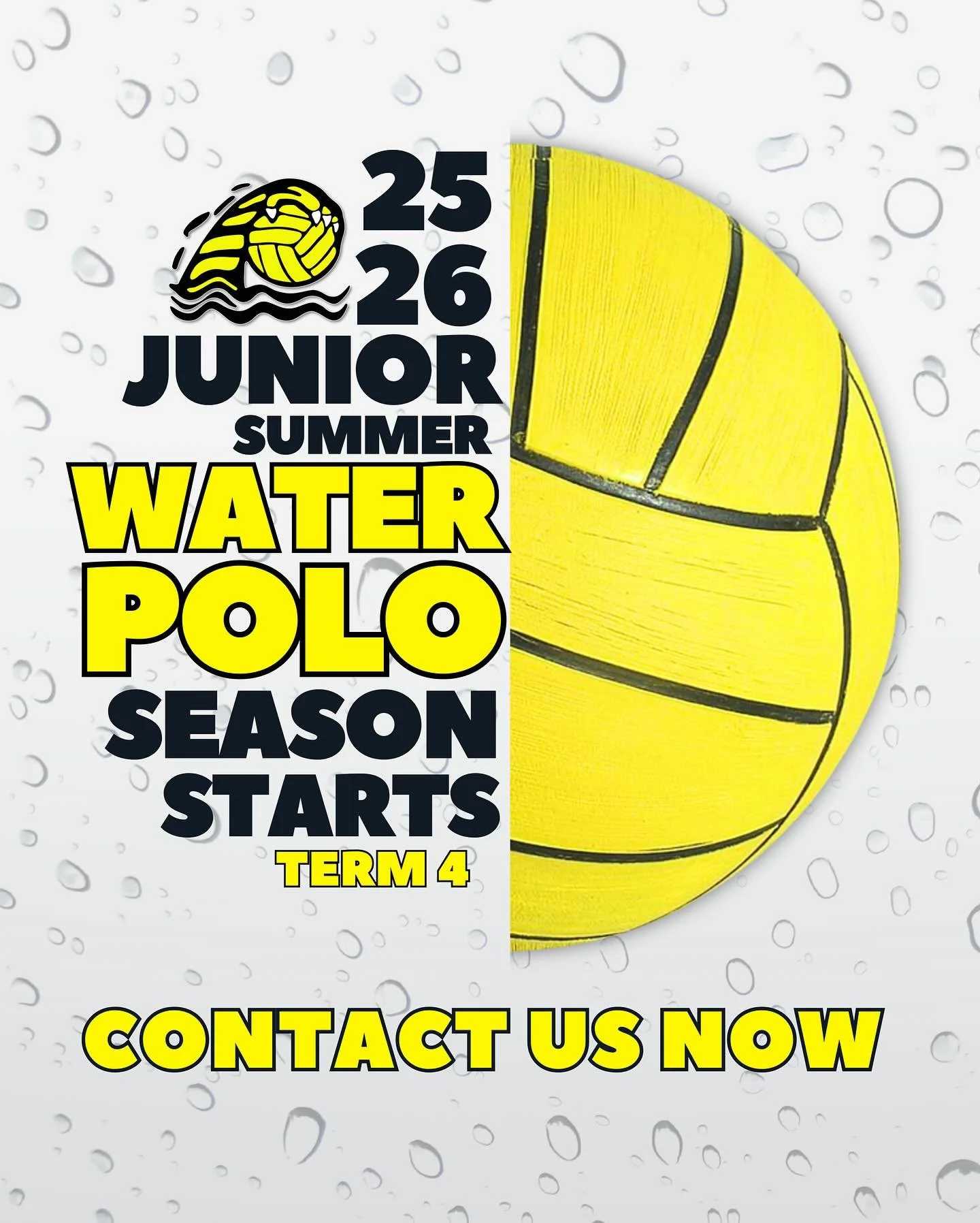The Junior Summer Season of Water Polo is almost here!

Term 4 competition kicks off Sunday 12 October and runs through to the end of Term 1. Training starts the week of 6 October. We&rsquo;ll be entering teams in U12 Mixed, U14 Boys &amp; Girls, and