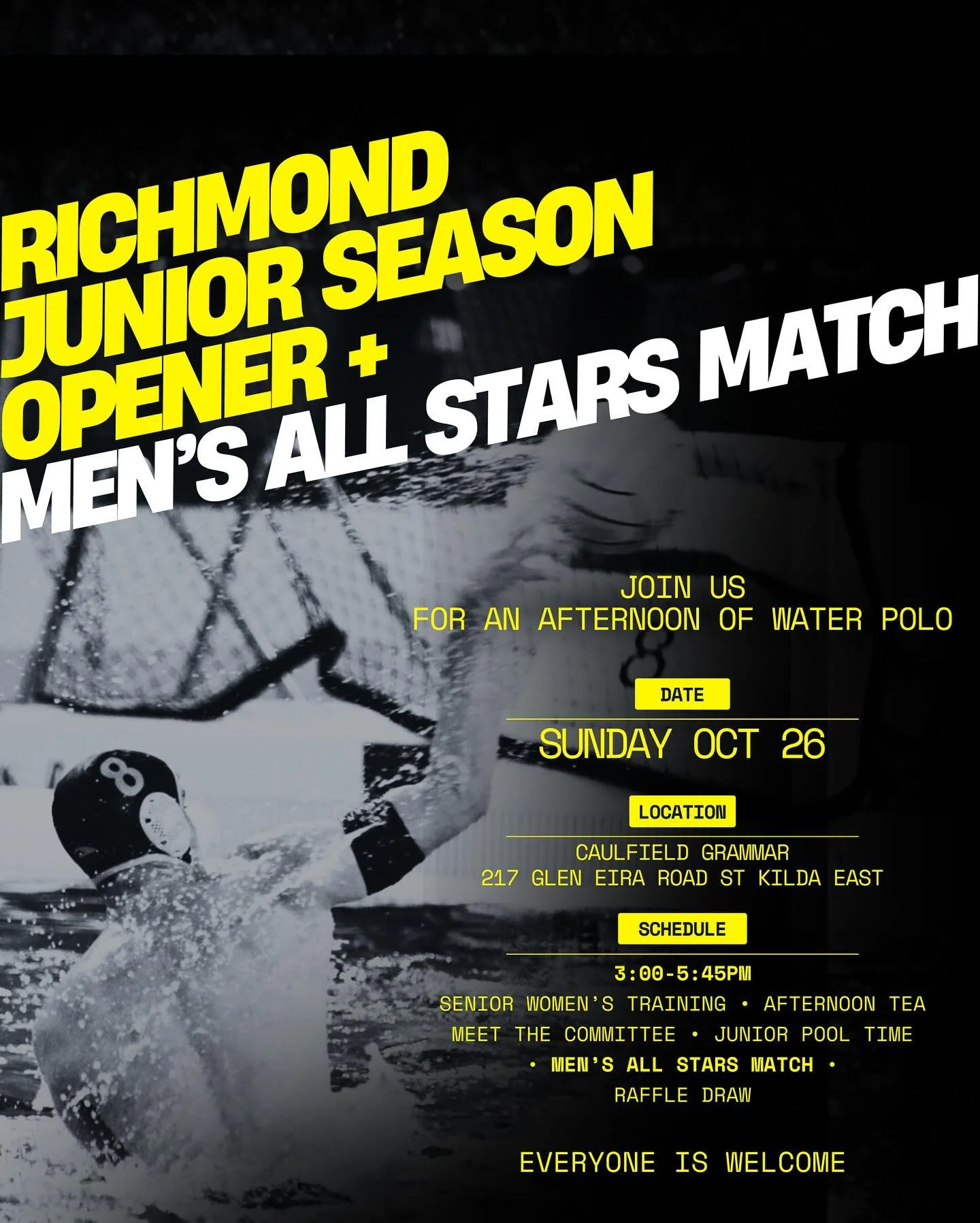 Summer Season Kick-Off + Men&rsquo;s All Star Match

Join us on Sunday, October 26 at Caulfield Grammar, St Kilda East, as we celebrate the start of our Junior Summer Season with an afternoon of community, connection and great water polo.

Schedule o