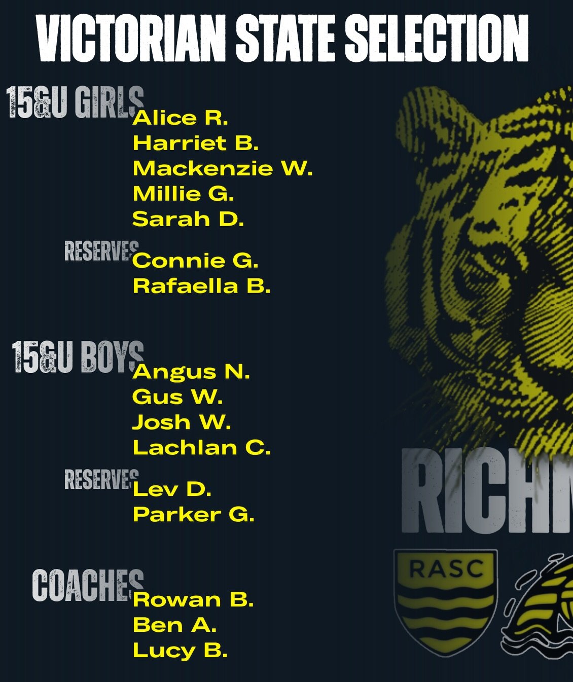 Congratulations to our Richmond representatives! 🟡⚫️

We&rsquo;re so proud to celebrate the Richmond athletes selected to represent Water Polo Victoria at the 2026 National State Championships.

The National State Championships bring together the be