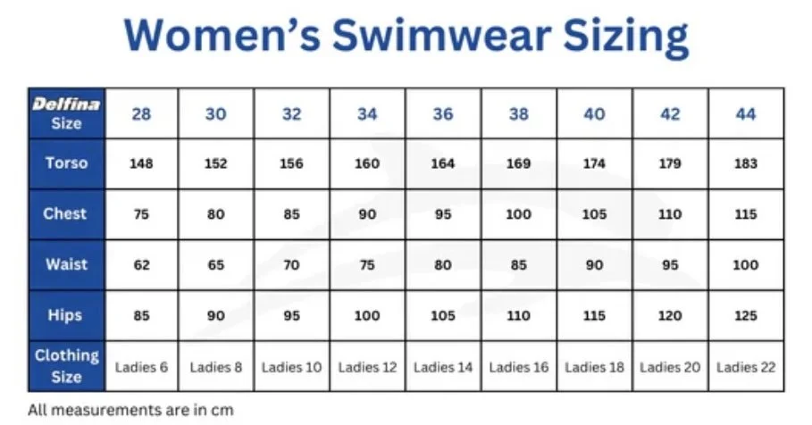 Delfina women's swimwear sizing chart, sizes 28 to 44