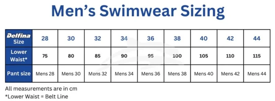 Delfina men's swimwear sizing chart, sizes 28 to 44