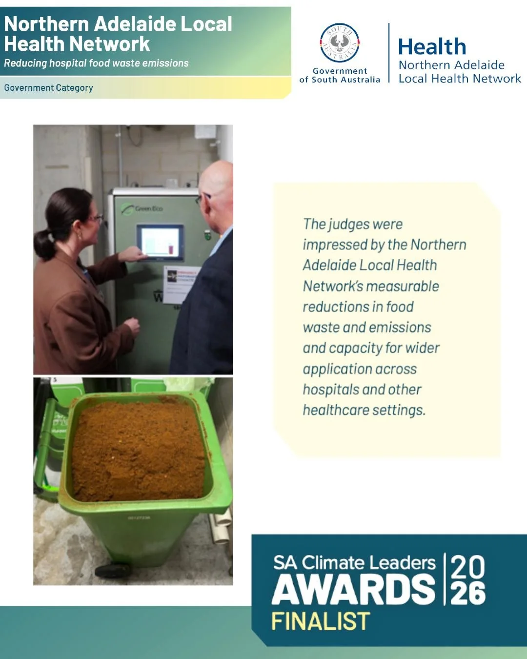 ICYMI: Earlier this year, Northern Adelaide Local Health Network (NALHN) was named a finalist in the 2026 SA Climate Leaders Awards for its work to reduce emissions from hospital food waste at Lyell McEwin Hospital.

We&rsquo;re pleased to share more