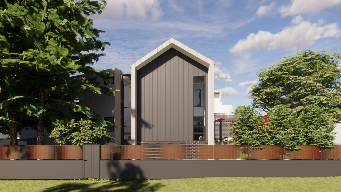 Modern barn style house with pitched roof, surrounded by trees and a wooden fence, under a blue sky.
