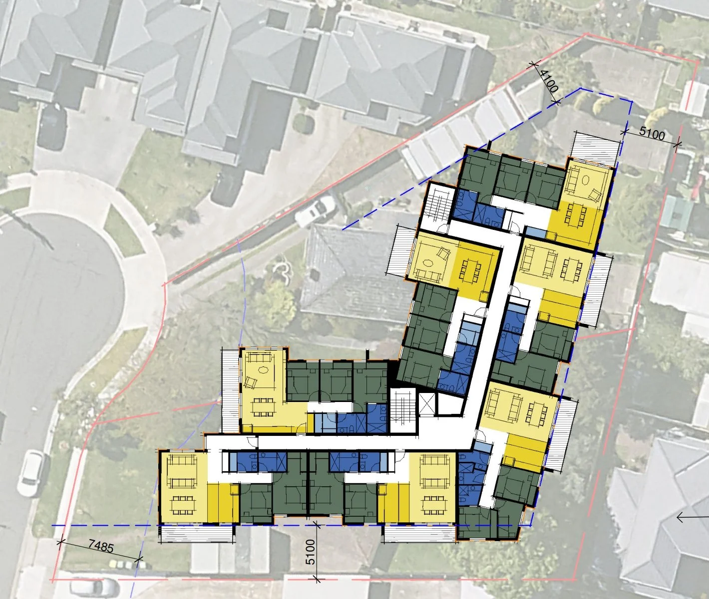 Architectural floor plan overlay on aerial photograph of a building property, showing rooms, walls, and measurements.