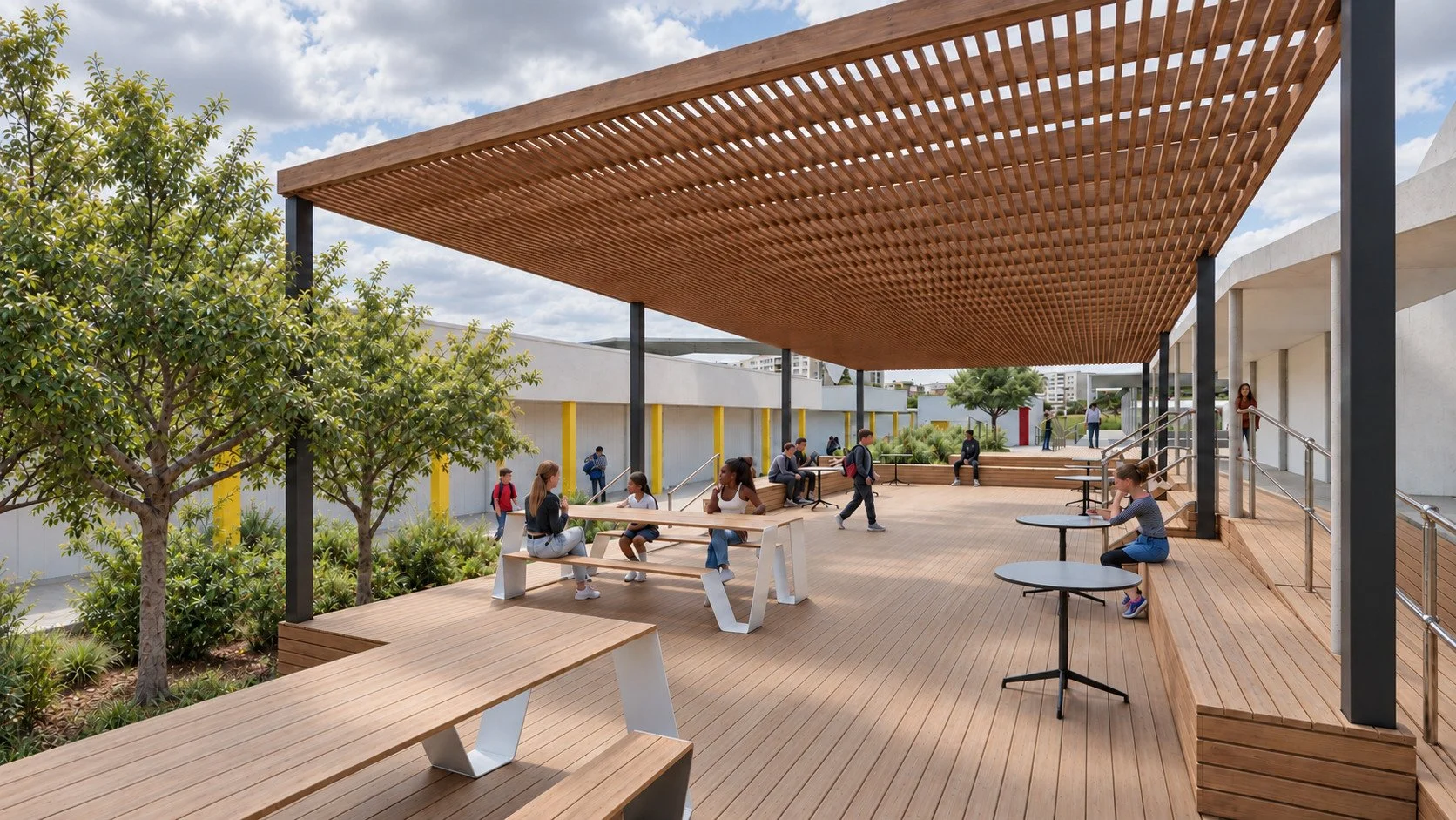 Concept design for a secondary school courtyard with a timber shade structure, outdoor tables and landscaped learning spaces.