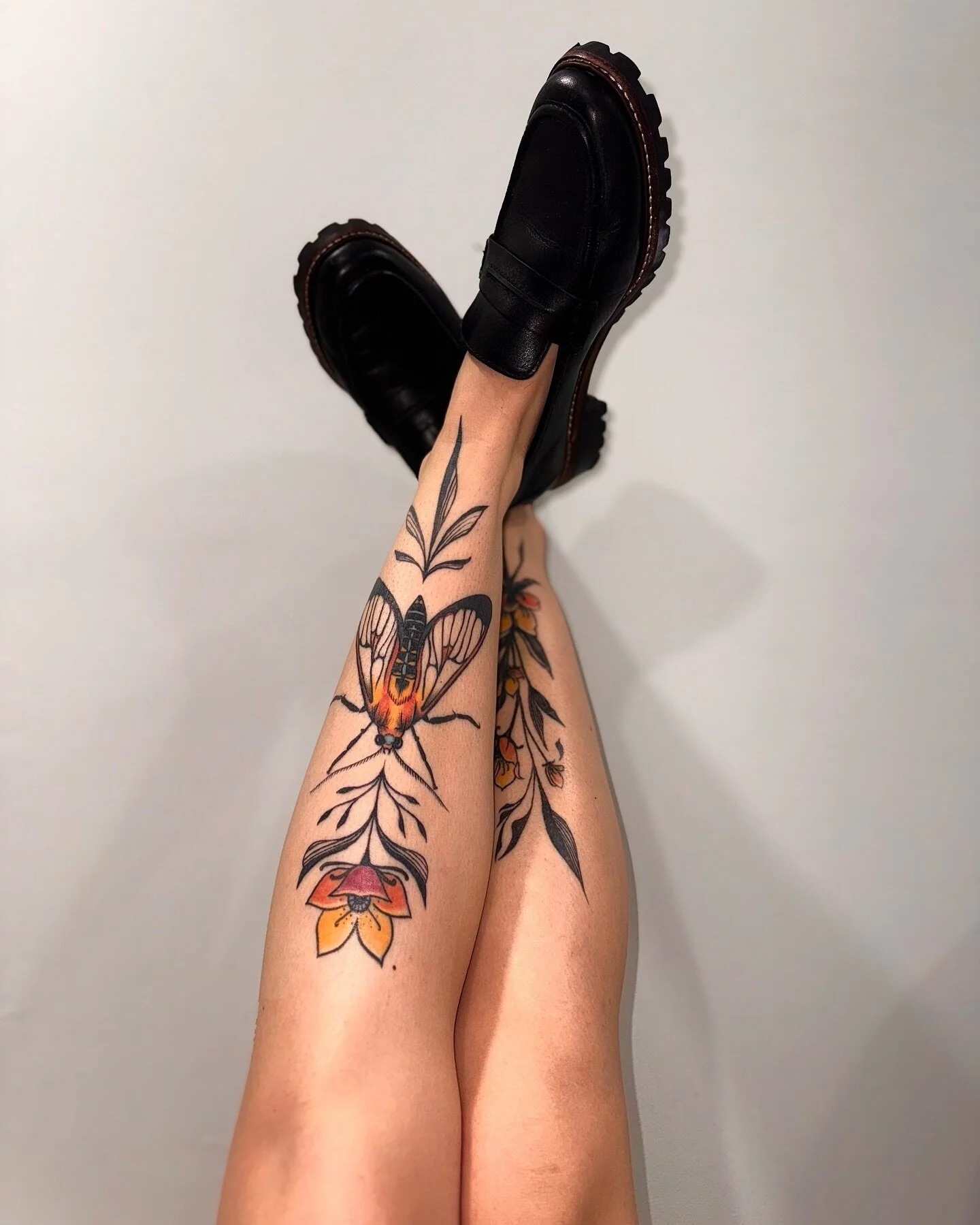 My flowers that never die 🤭 I get to look at these every day but figured I should share the healed tattoos I gave myself. The one with the moth is 4 months healed and the one with just flowers and leaves is over 1 year healed! This is my favorite st