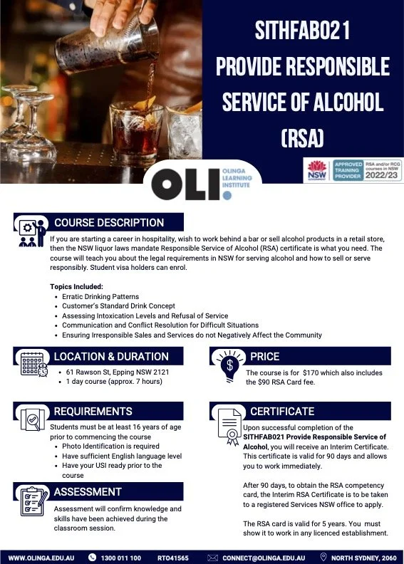 SITHFAB021 PROVIDE RESPONSIBLE SERVICE OF ALCOHOL RSA — OLINGA