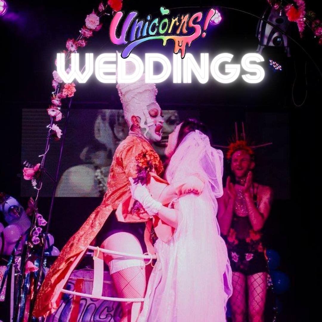 💗 UNICORN WEDDINGS ARE HERE 💗

For years we've thrown you adorable, queer as weddings, live on stage. 

However, they haven&rsquo;t been legally binding. 

But, guess what?! 

We've gone and earned all the quals, so we can throw you a super cute, q