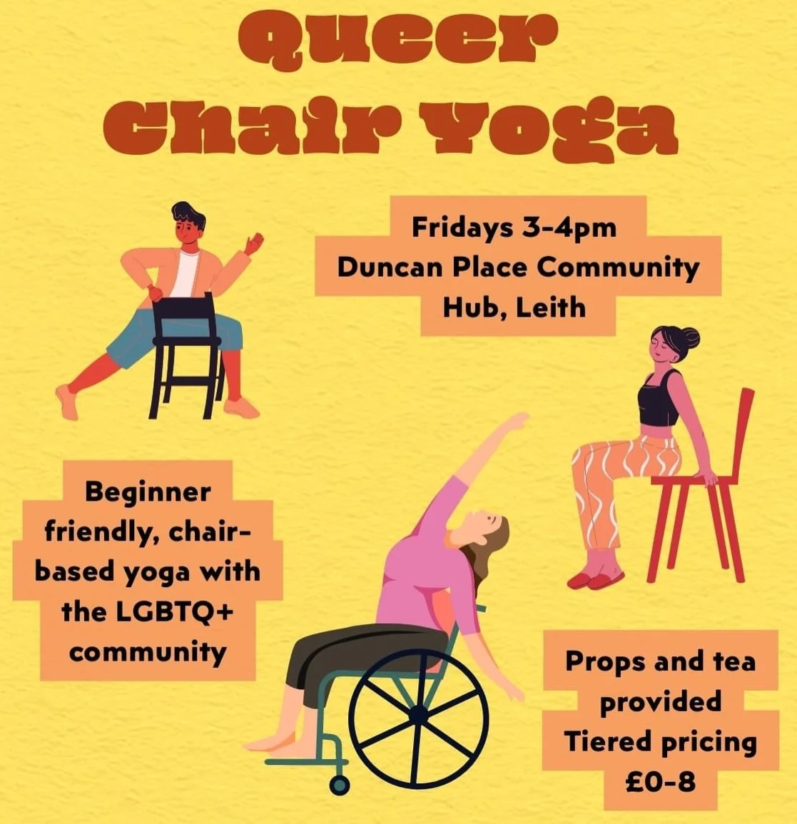Really excited that we are offering a brand new Chair Yoga class with Queer Yoga Edinburgh 🥳🏳️&zwj;🌈🏳️&zwj;⚧️🧑🏼&zwj;🦽

Open to all, join us every Friday 3-4pm at @duncanplace - link in bio to book. 

+ we are massively thankful to @chairyogafr