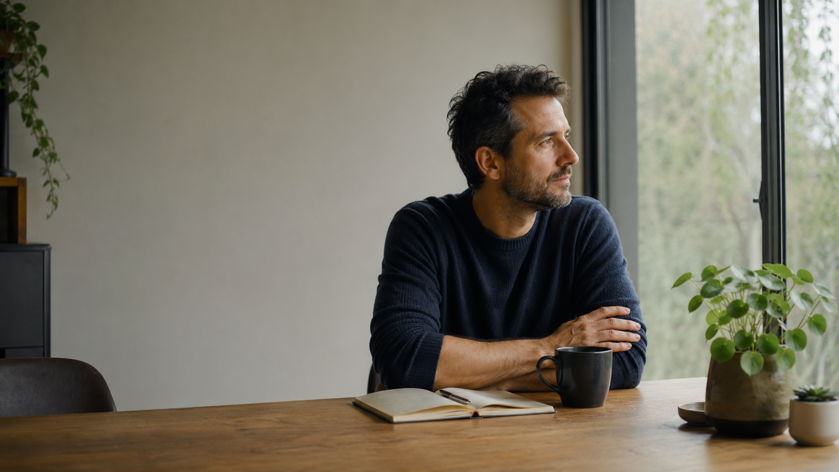 Man sitting by a window with a notebook and coffee, pausing for a quiet moment of reflection