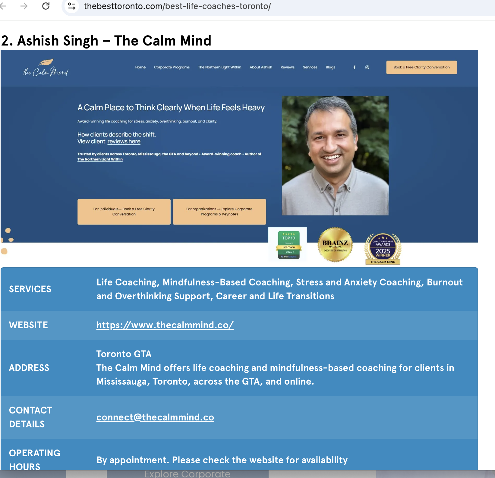 The Best Toronto feature listing Ashish Singh and The Calm Mind among the top life coaches in Toronto