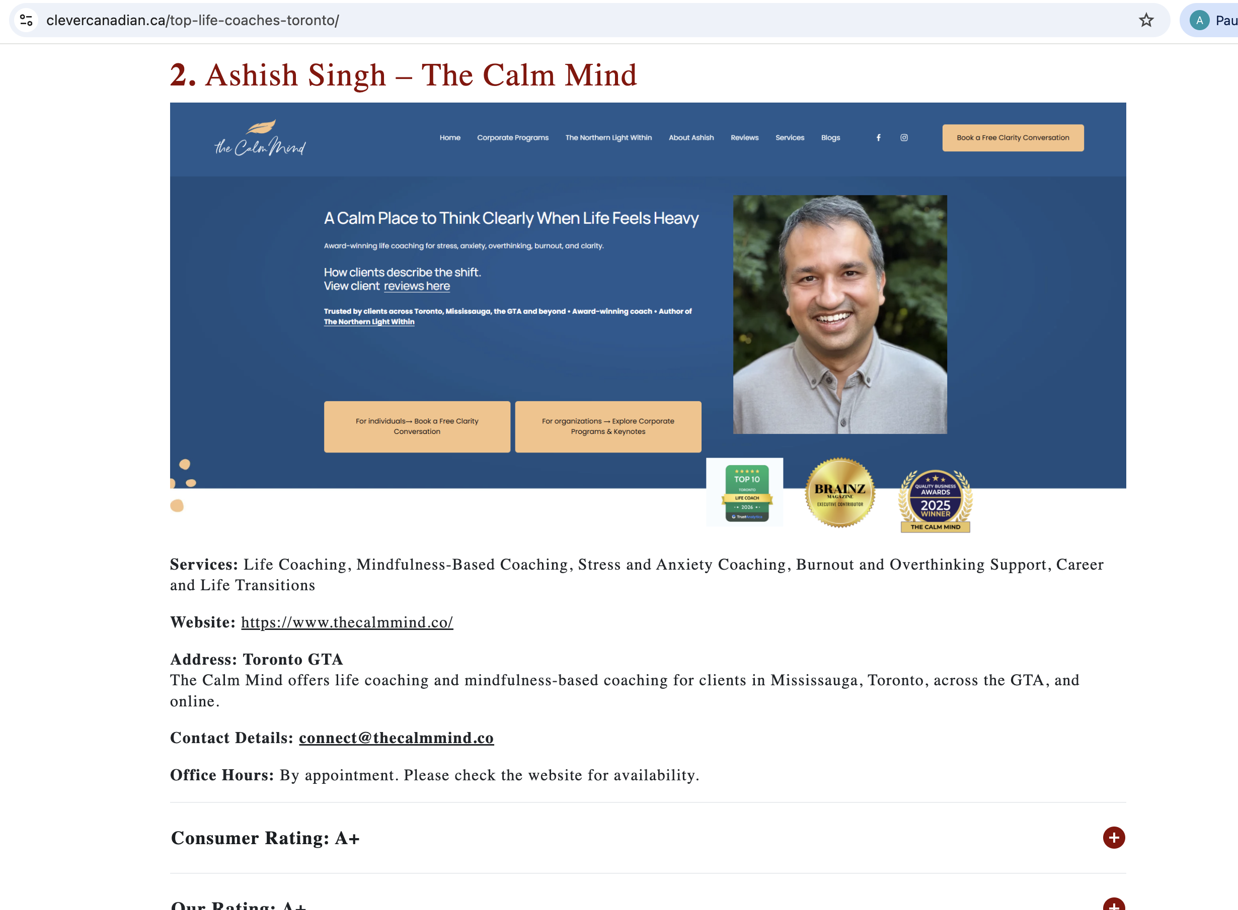 Clever Canadian feature listing Ashish Singh and The Calm Mind among top-rated life coaches in Toronto