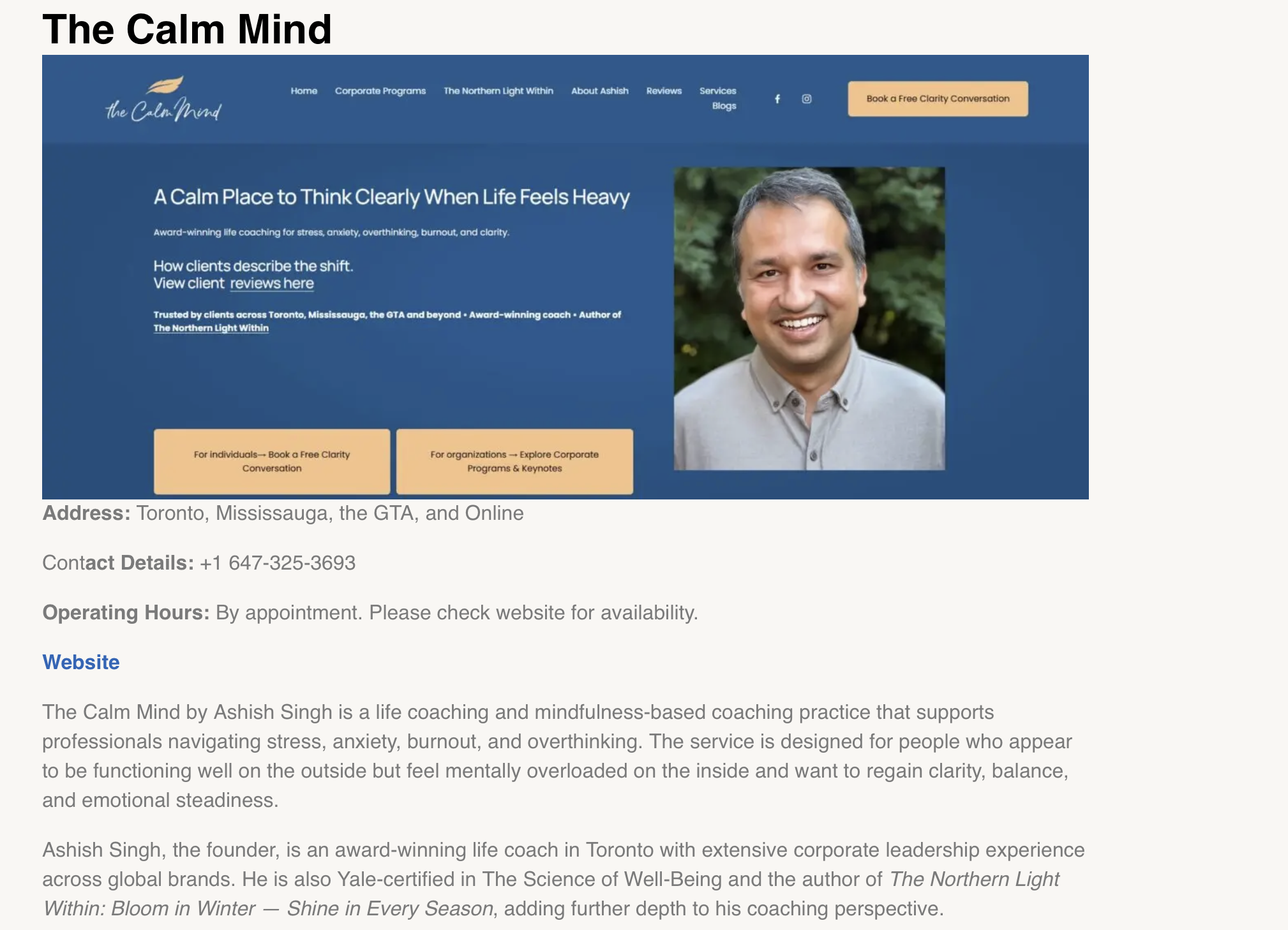 Toronto Travel Guide feature ranking The Calm Mind among the top life coaching services in Toronto