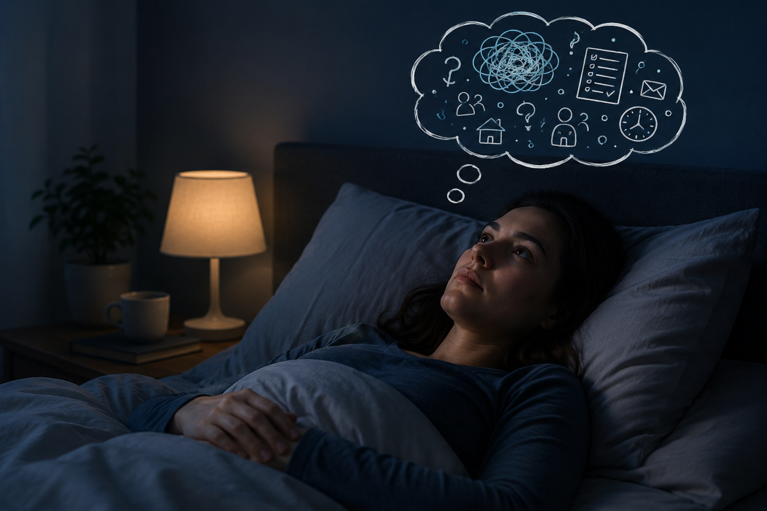 : Person lying awake in bed at night while thoughts about work, tasks and worries keep their mind busy.