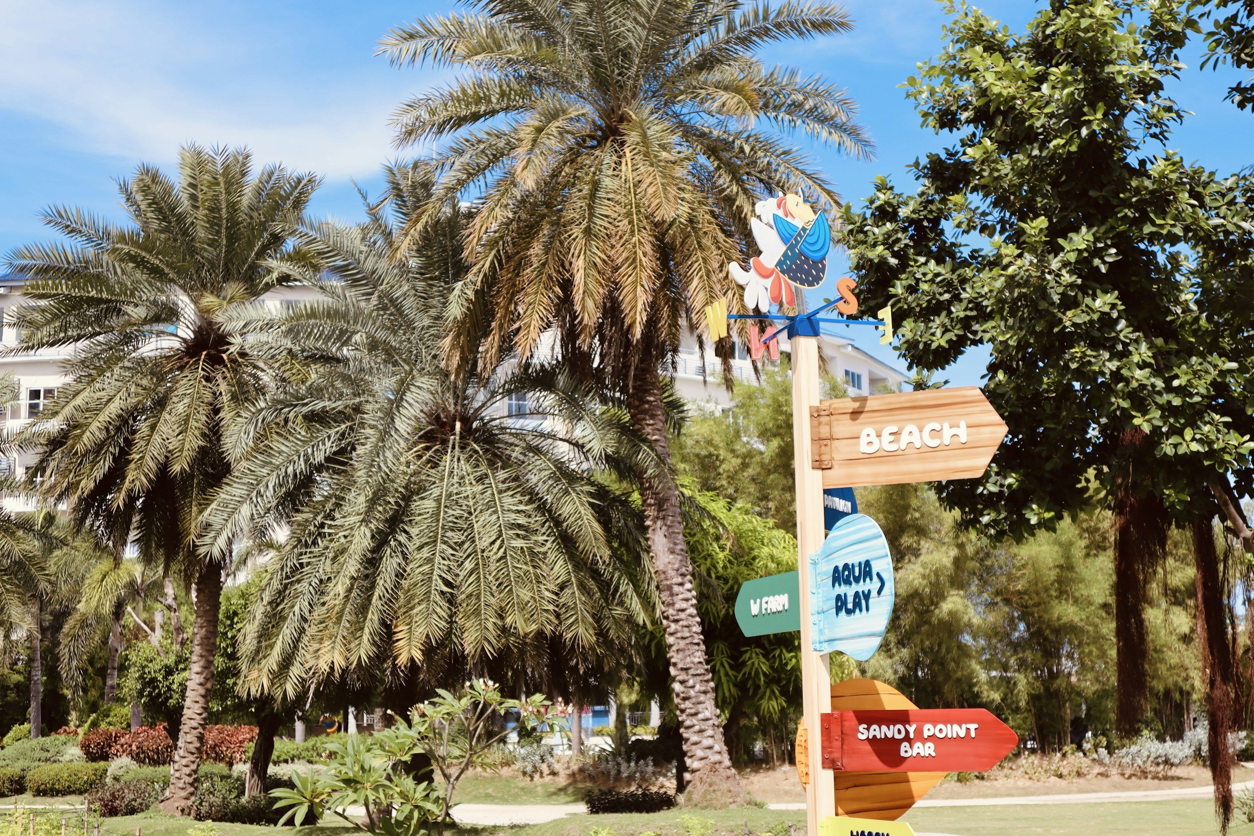 A beach sign and other signs pointing in different directions with palm trees behind them.