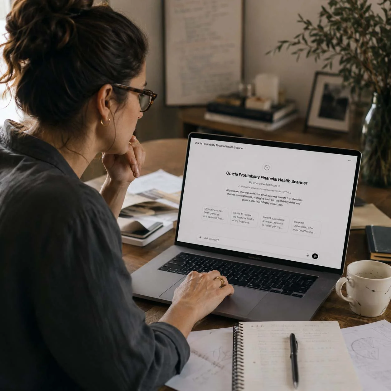 Business owner completing Oracle Profitability's AI Financial Health Scanner to evaluate cash flow, profitability, and financial performance.