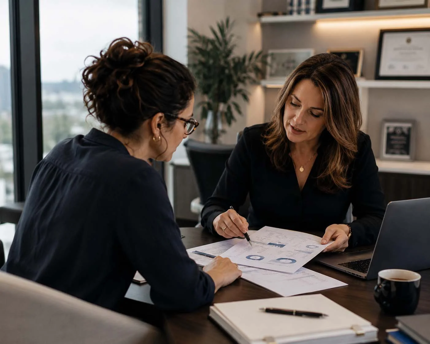 Financial controller reviewing business financial reports with a client to identify opportunities for stronger cash flow and financial performance.