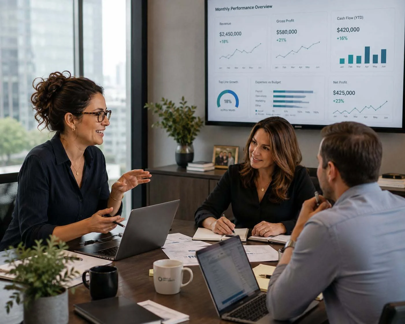 Oracle Profitability's fractional controller meeting with million-dollar businesses leadership team to review financial reporting, cash flow, and strategic planning.