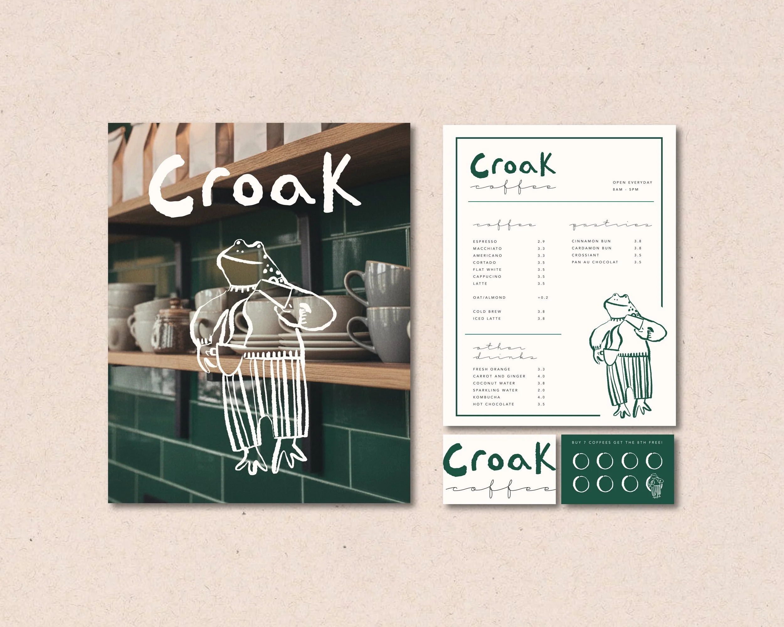 Coffee shop branding. Green brand colours. Frog Illustrated logo