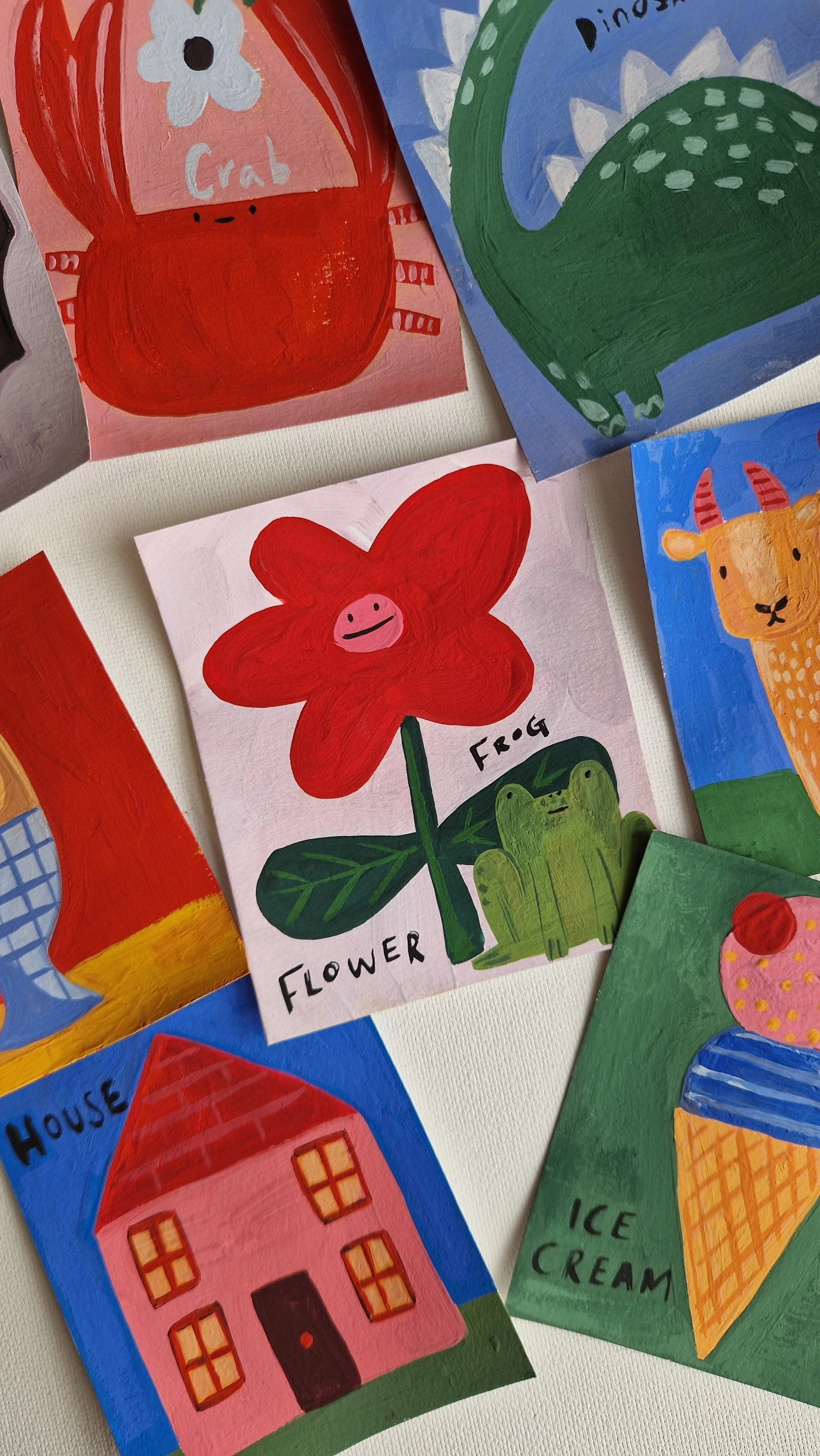 Painting of flower and frog. Kids alphabet painting