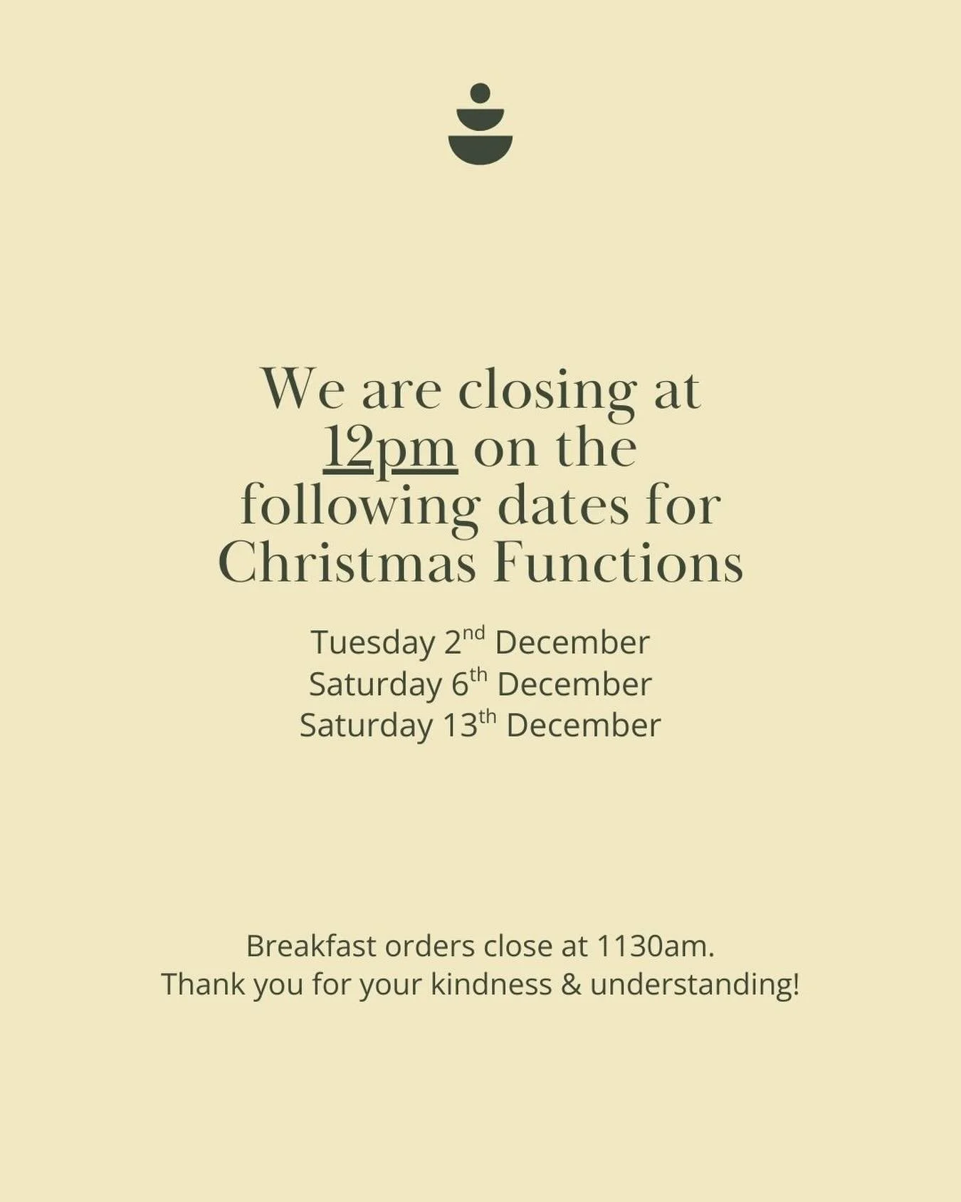 Don&rsquo;t mean to alarm you, but there are 4 Thursdays left until Christmas Day. How is it December next week!?

We have a few Christmas functions coming up, so Mrs Jones is closing at 12pm on the dates above. We have updated our website and Google