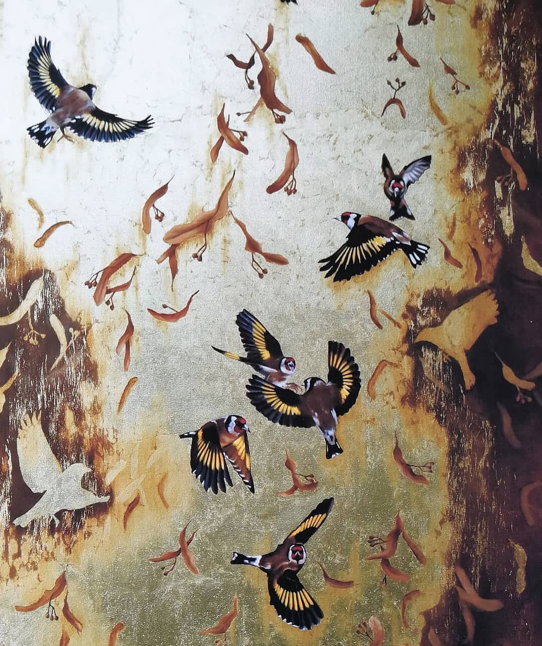 A detail from an old painting featuring goldfinches and falling leaves.

#art #painting #oilpainting #oils #originalart #wildlifeart #wildlifeartist #natureart #birdart #birdsofinstagram #chinoiserie #goldleaf #gold #fallingleaves #goldfinches #commi