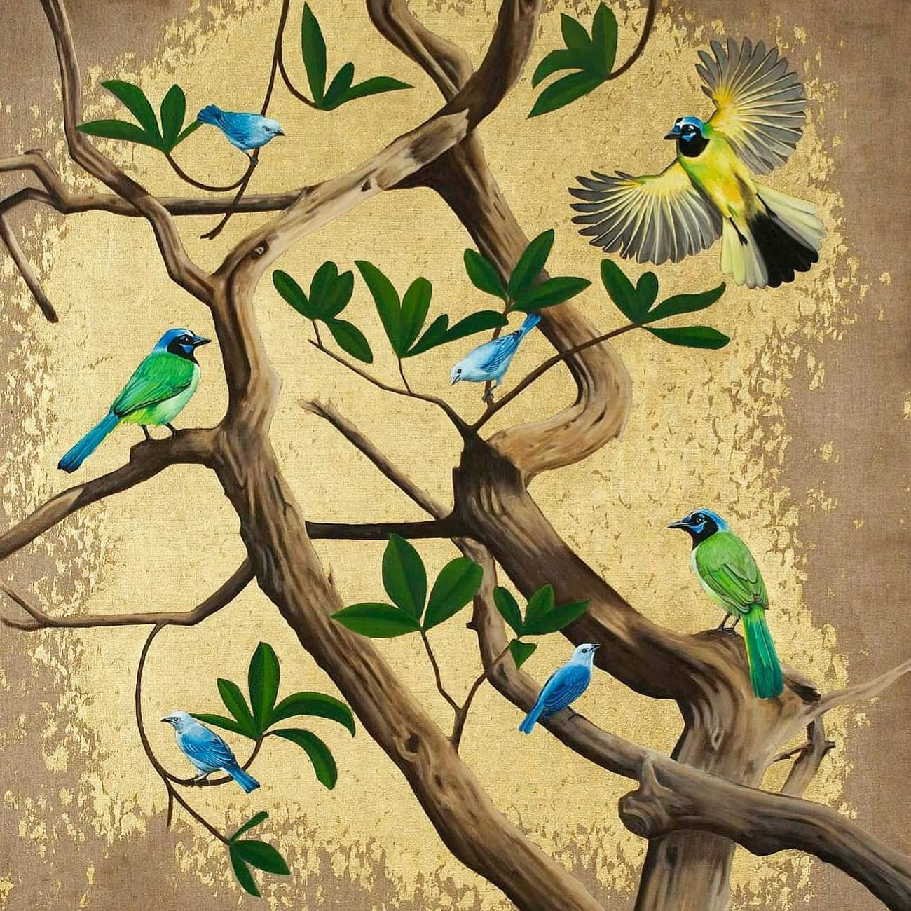 Continuing the gold series this is 'Green Jays and Tanagers' 120 x 120 cm oil and gold leaf on linen.
Available as a limited edition giclee print.

#art #painting #oilpainting #oils #originalart #wildlifeart #wildlifeartist #natureart #birdart #birds