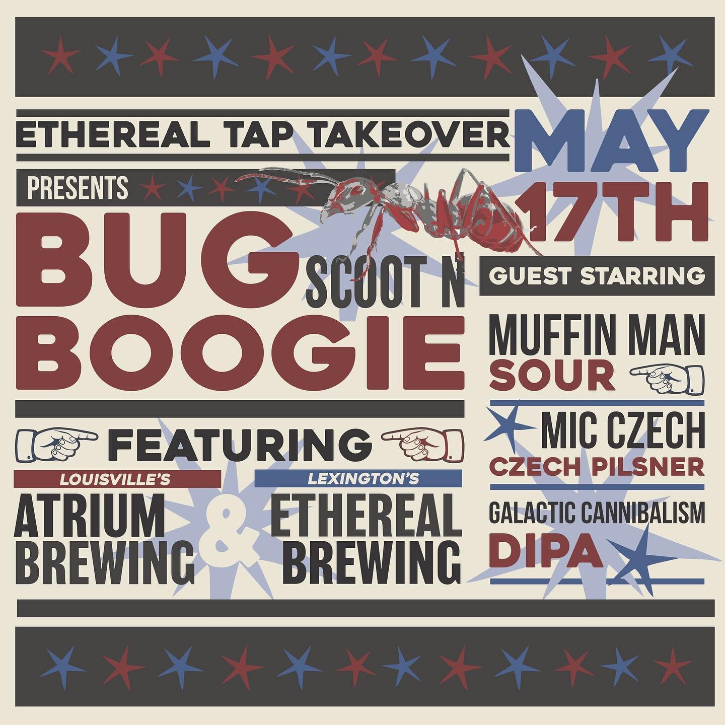 🚨Ethereal/Atrium Tap Takeovers🚨
Wednesday(5/17)

Join @ethereal_brewing and @atriumbrewing this Wednesday 5/17 as we release our collaboration Sour IPA &ldquo;Bug Scootin Boogie&rdquo; and takeover each others draft boards! 

Ethereal Beers On Tap 