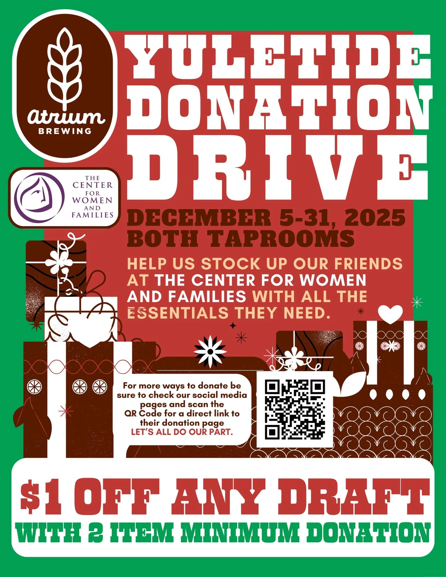❤️🎄ATRIUM BREWING YULETIDE DONATION DRIVE🎄❤️
Both Taproom Locations - December 5th-31st
Supporting our friends at The Center for Women and Families /  @thecenteronline 

Both of our taproom locations will be accepting *NEW ITEM* donations to help o