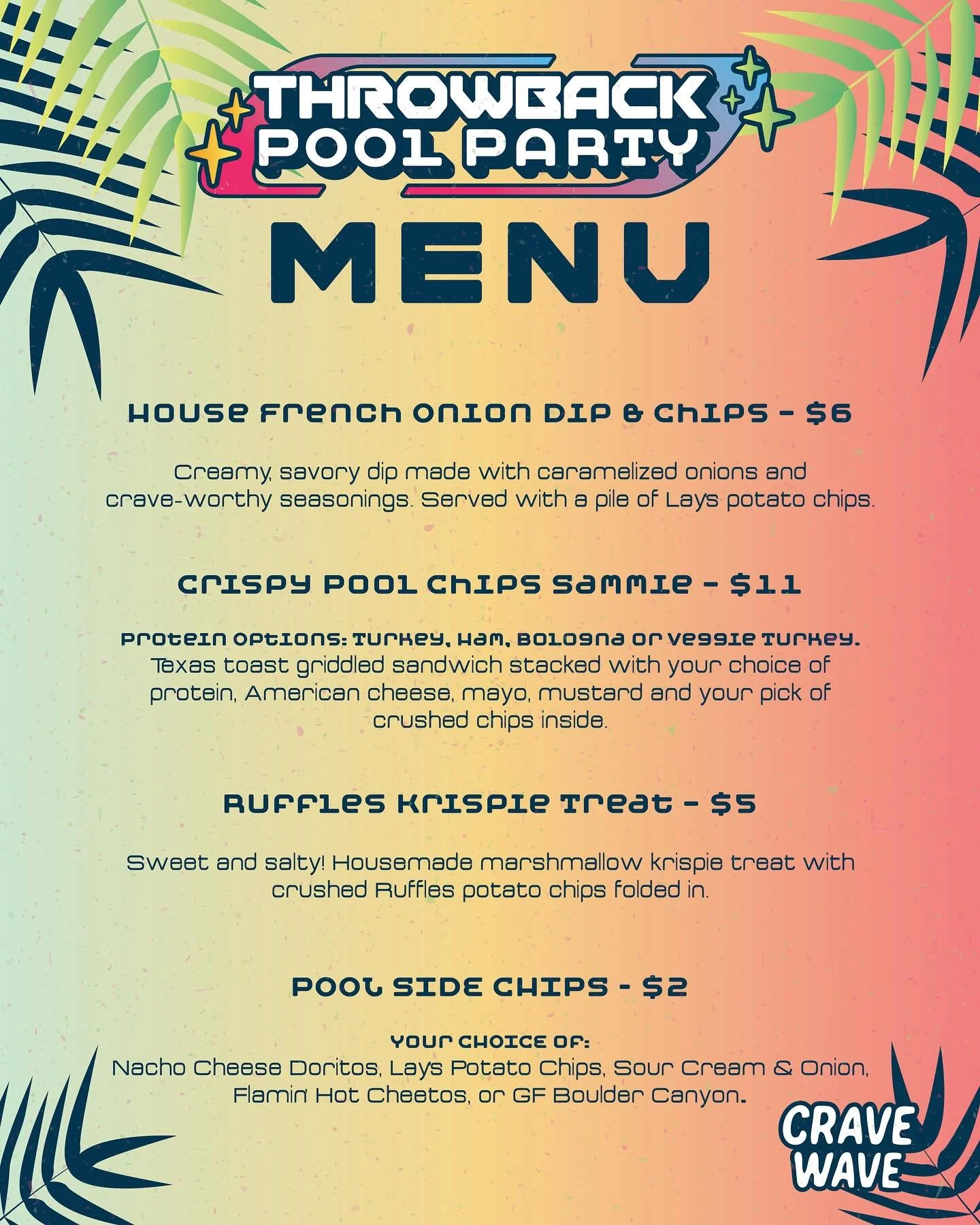 🏊&zwj;♂️ ITS A Y2K POOL PARTY🌴 
This Saturday (1/17)

🥪@cravewavelou has announced their poolside snacks menu for our Acid Test release party this Saturday (1/17) at our Logan St location

🍍 We will be releasing THREE flavors of our new Gluten Fr