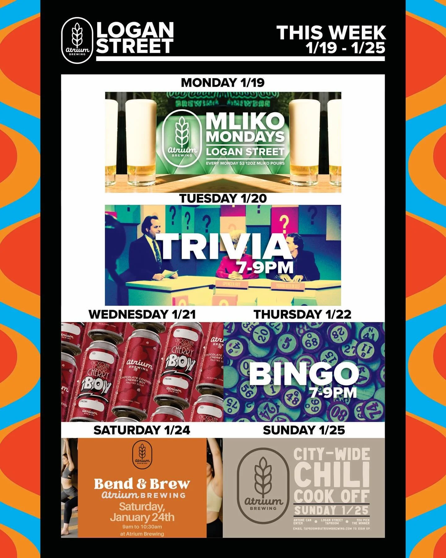 This Week at Atrium Brewing
1/19-1/25

Monday (1/19)
Logan Street Taproom will be offering up $2 Mliko pours of lager beer every Monday. Got Mliko?

Tuesday (1/20)
Trivia at both locations from 7-9PM. Flex your intellectual prowess with a cold beer, 