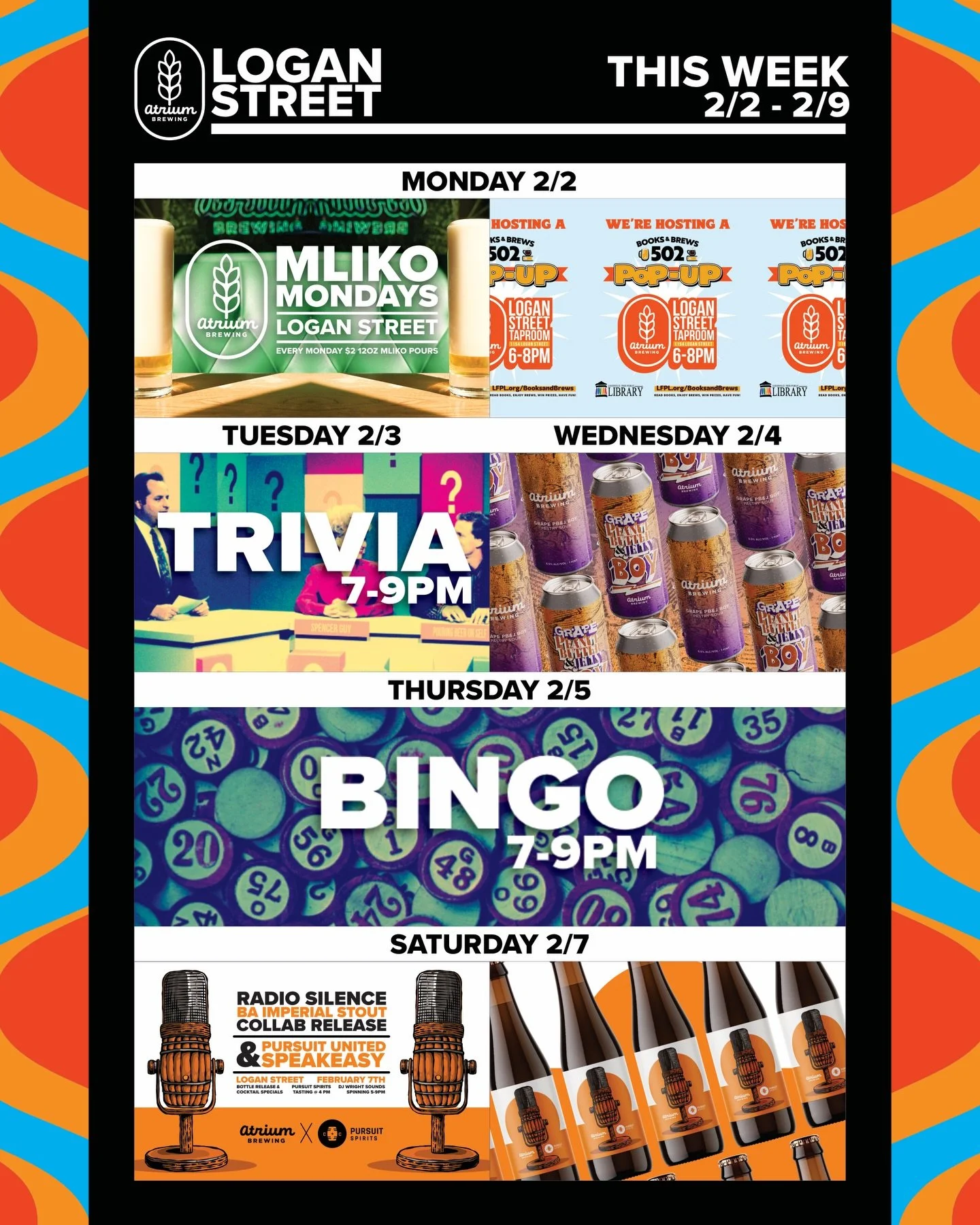 This Week at Atrium Brewing🗓️
2/2 - 2/9

Monday (2/2)
Logan Street Taproom will be offering up $2 Mliko pours of lager beer every Monday. Got Mliko?

Logan Street Taproom will be hosting Book &amp; Brews 502 from 6-8PM. LFPL&rsquo;s Adult Winter Rea