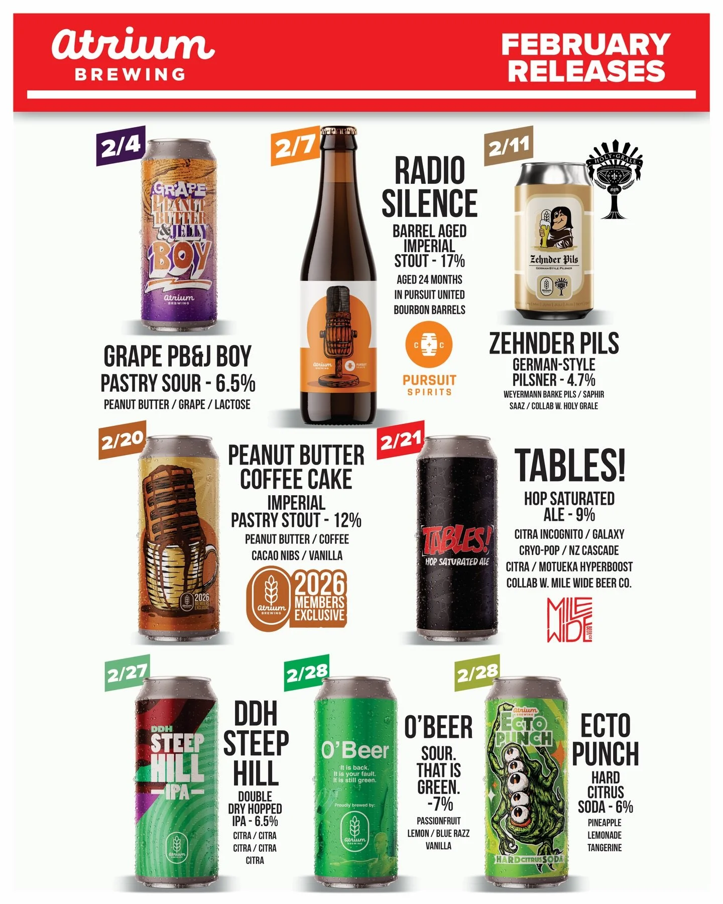 ❤️FEBRUARY RELEASES❤️

2/4
🥜Grape PB&amp;J Boy🍇
Pastry Sour - 6.5%

2/7
🟠Radio Silence🟠
Barrel Aged Imperial Stout - 17%
Collab w. @pursuitspirits 

2/11
🏆Zehnder Pils🏆
German-Style Pilsner - 4.7%
Collab w. @theholygrale @the_grales 

2/20
🍰Pe