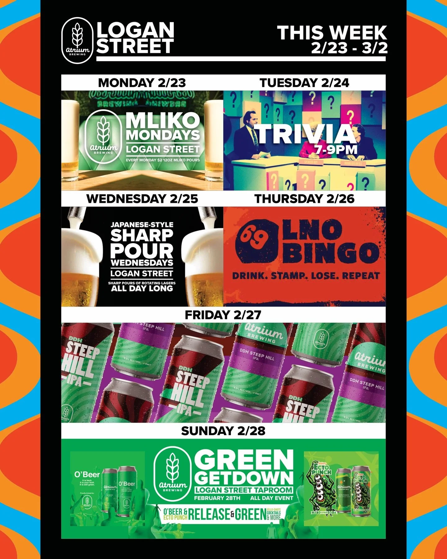 This Week at Atrium Brewing🗓️
2/23 - 3/2

Monday (2/23)
Logan Street Taproom will be offering up $2 Mliko pours of lager beer every Monday. Got Mliko?

Tuesday (2/24)
Trivia at both locations from 7-9PM. Flex your intellectual prowess with a cold be