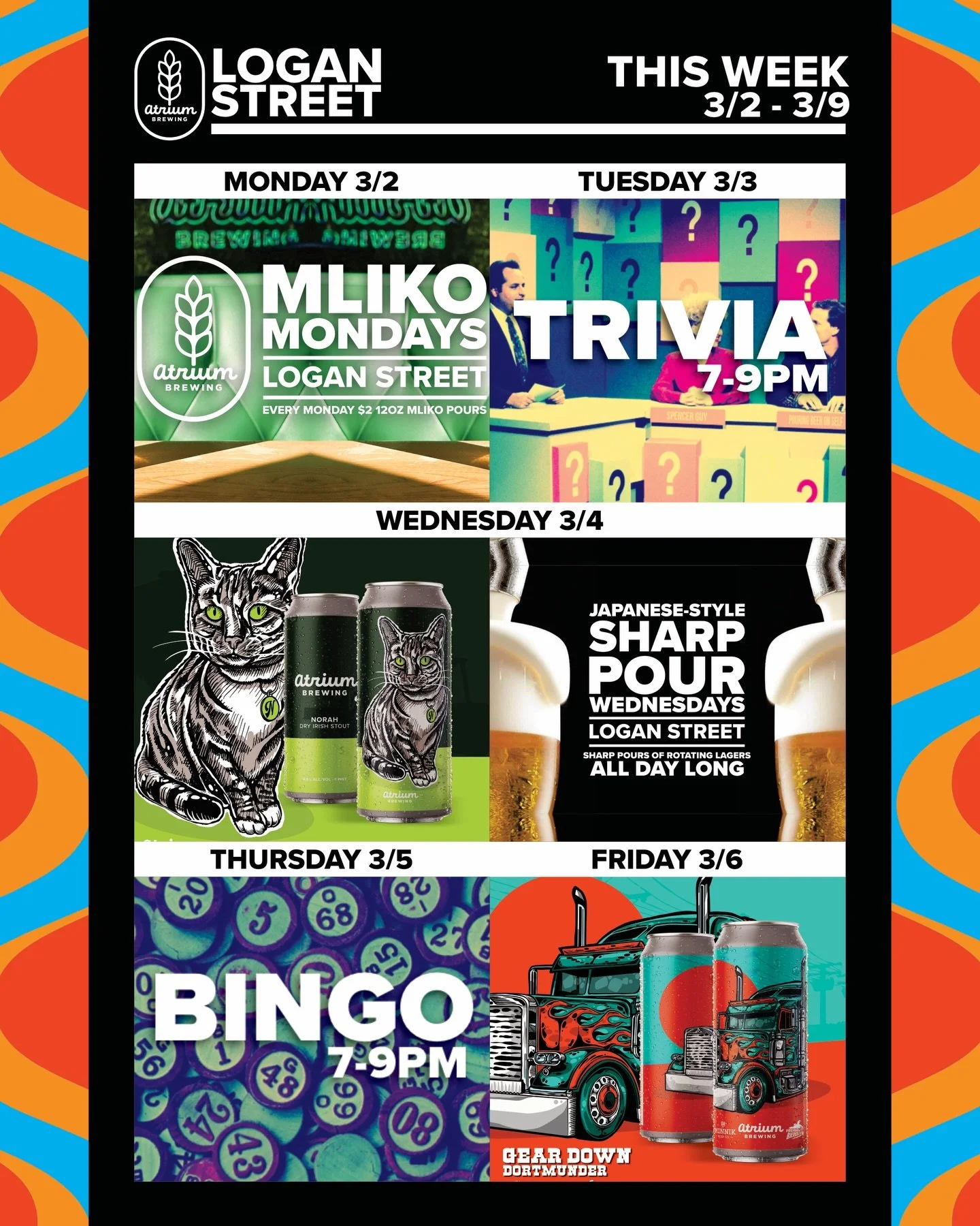 This Week at Atrium Brewing🗓️
3/2 - 3/9

Monday (3/2)
Logan Street Taproom will be offering up $2 Mliko pours of lager beer every Monday. Got Mliko?

Tuesday (3/3)
Trivia at both locations from 7-9PM. Flex your intellectual prowess with a cold beer,