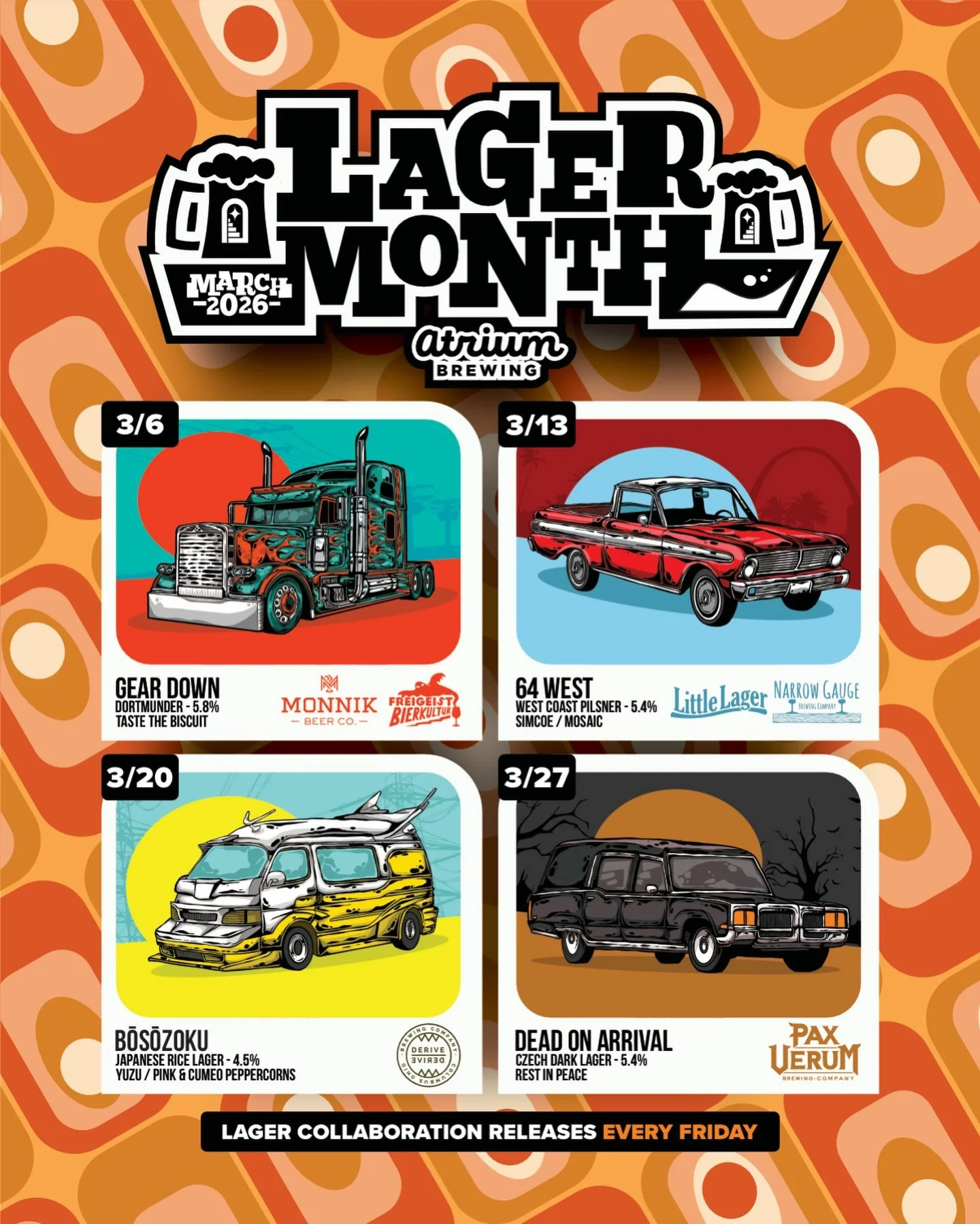 🚨LAGER MONTH IS HERE🚨
Collab Lager Release Every Friday through March.
Mark your calendars. It&rsquo;s going down.

3/6
🚚Gear Down🚚
Dortmunder - 5.8%
Lager Month Collab w. @monniklouisville &amp; @freigeist_sebastian 

3/13
🚘64 West🚘
West Coast