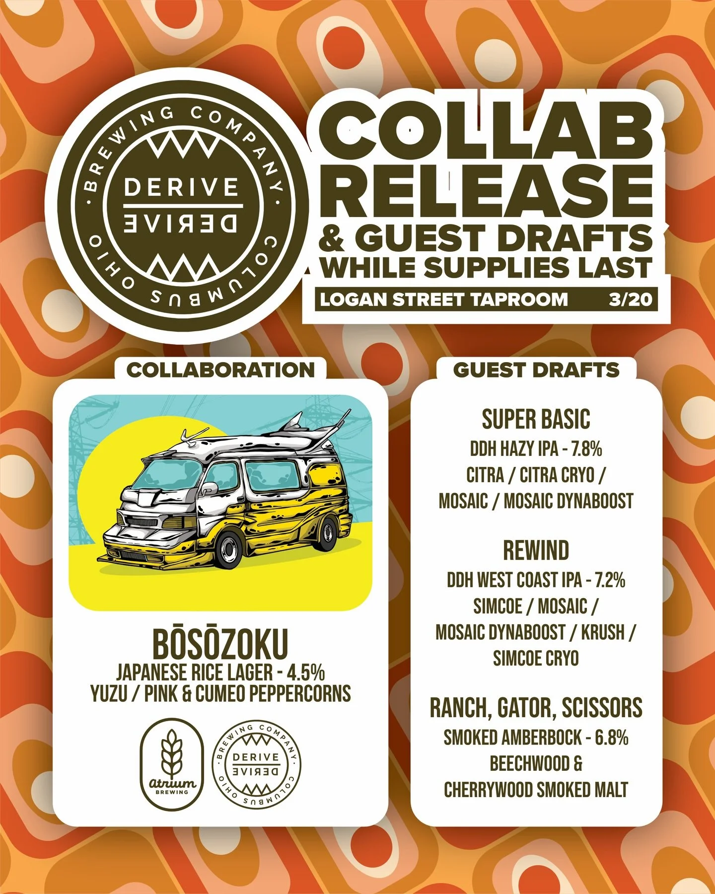 🍺LIVIN LA VIDA LAGER🍺
THIS FRIDAY Y&rsquo;ALL

Join us 3/20 at our Logan Street Taproom for the release of Bōsōzoku - Japanese Rice Lager, a collaboration with Derive Brewing from Columbus, Ohio. On top of the collab release, STARTING AT 3PM, we&rs