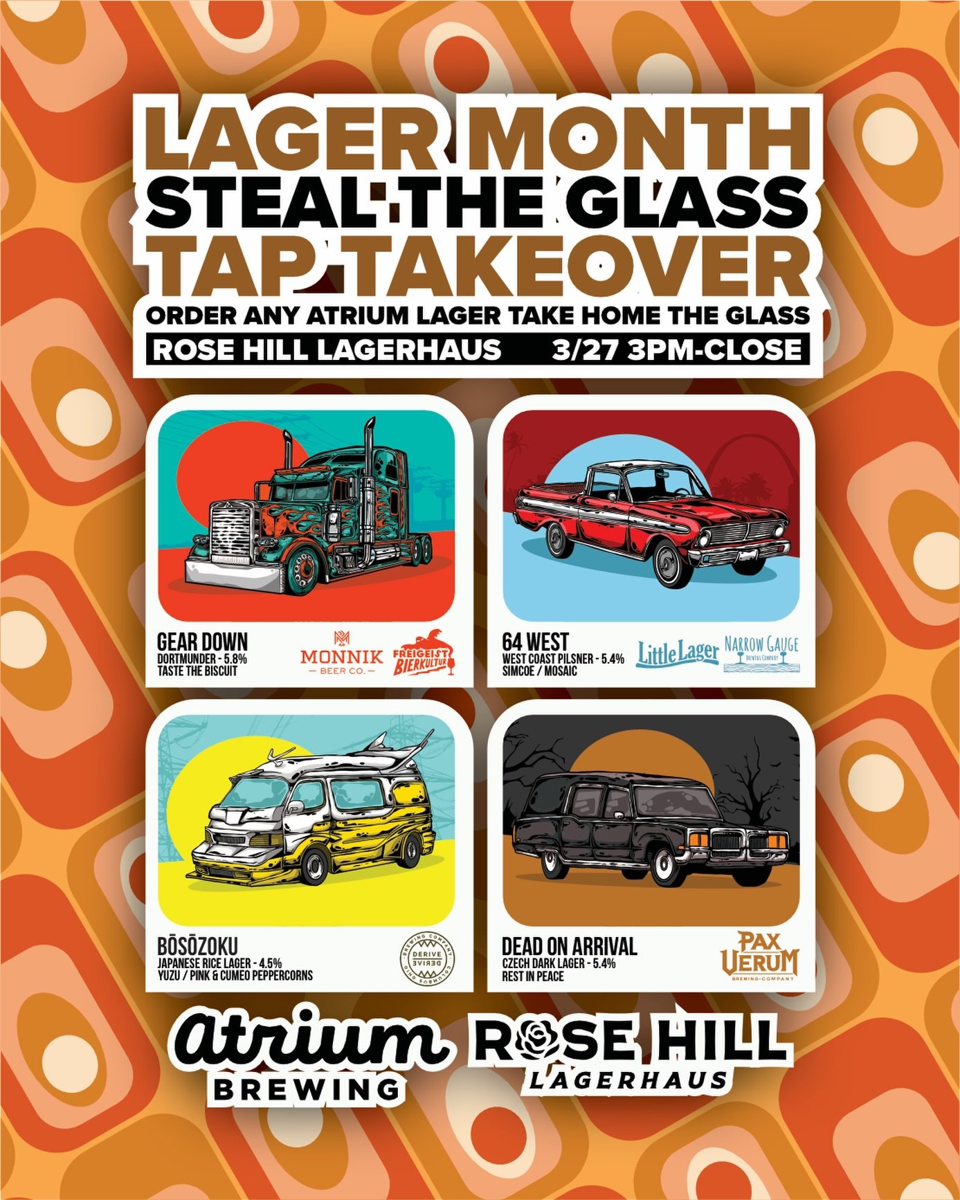 🍻HERE COME THE LAGERS🍻
Rose Hill Lagerhaus - 1753 Bardstown Rd, Louisville, KY 40205
Friday 3/27 3pm-Close

Join us with our friends at Rose Hill Lagerhaus for a Steal the Glass Tap Takeover featuring all of our Lager Month beers on draft. Order an