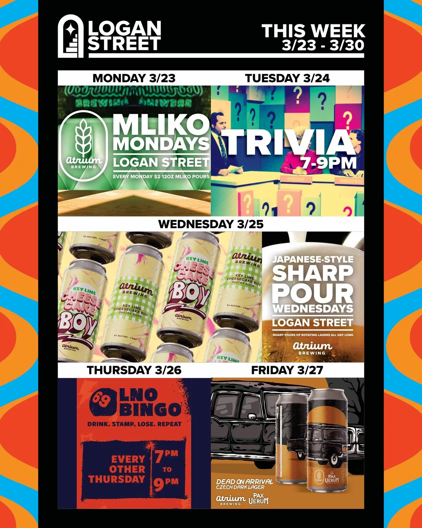 🗓️This Week at Atrium Brewing🗓️
3/23 - 3/30

Monday (3/23)
Logan Street Taproom will be offering up $2 Mliko pours of lager beer every Monday. Got Mliko?

Tuesday (3/24)
Both Taprooms will be hosting Trivia from 7-9PM. Flex your intellectual prowes