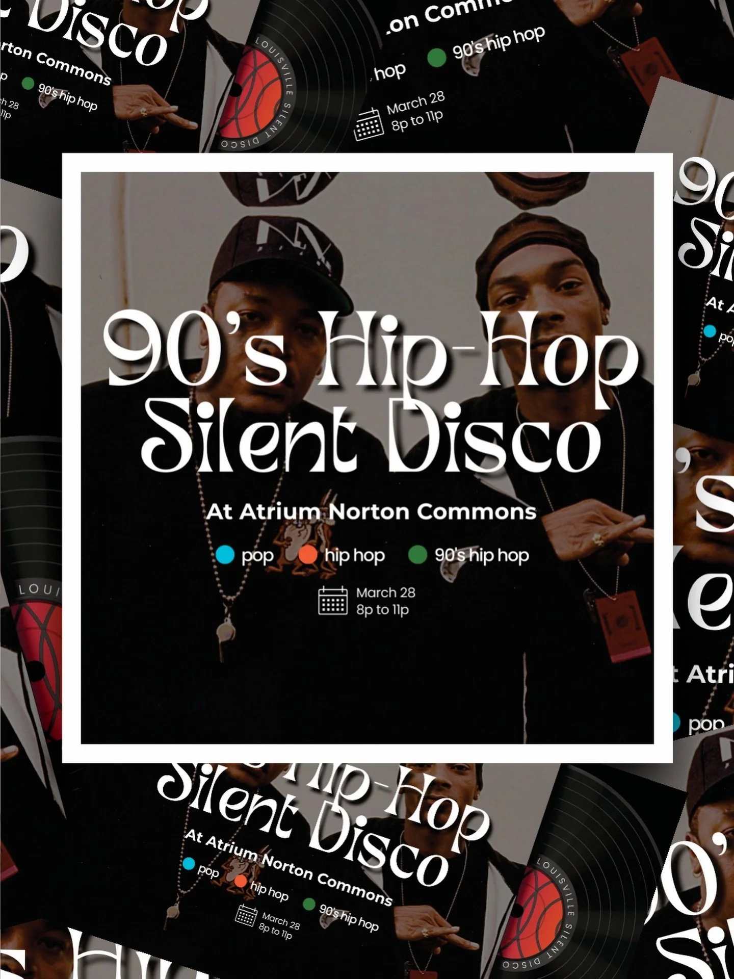 🪩90&rsquo;S HIP-HOP SILENT DISCO🪩
Norton Commons Taproom - Saturday(3/28) 8-11PM

Regulators, mount up! It&rsquo;s 90s Hip Hop night at Atrium Norton Commons!

On March 28th, from 8-11PM, one of our stations will feature all the best tracks from th