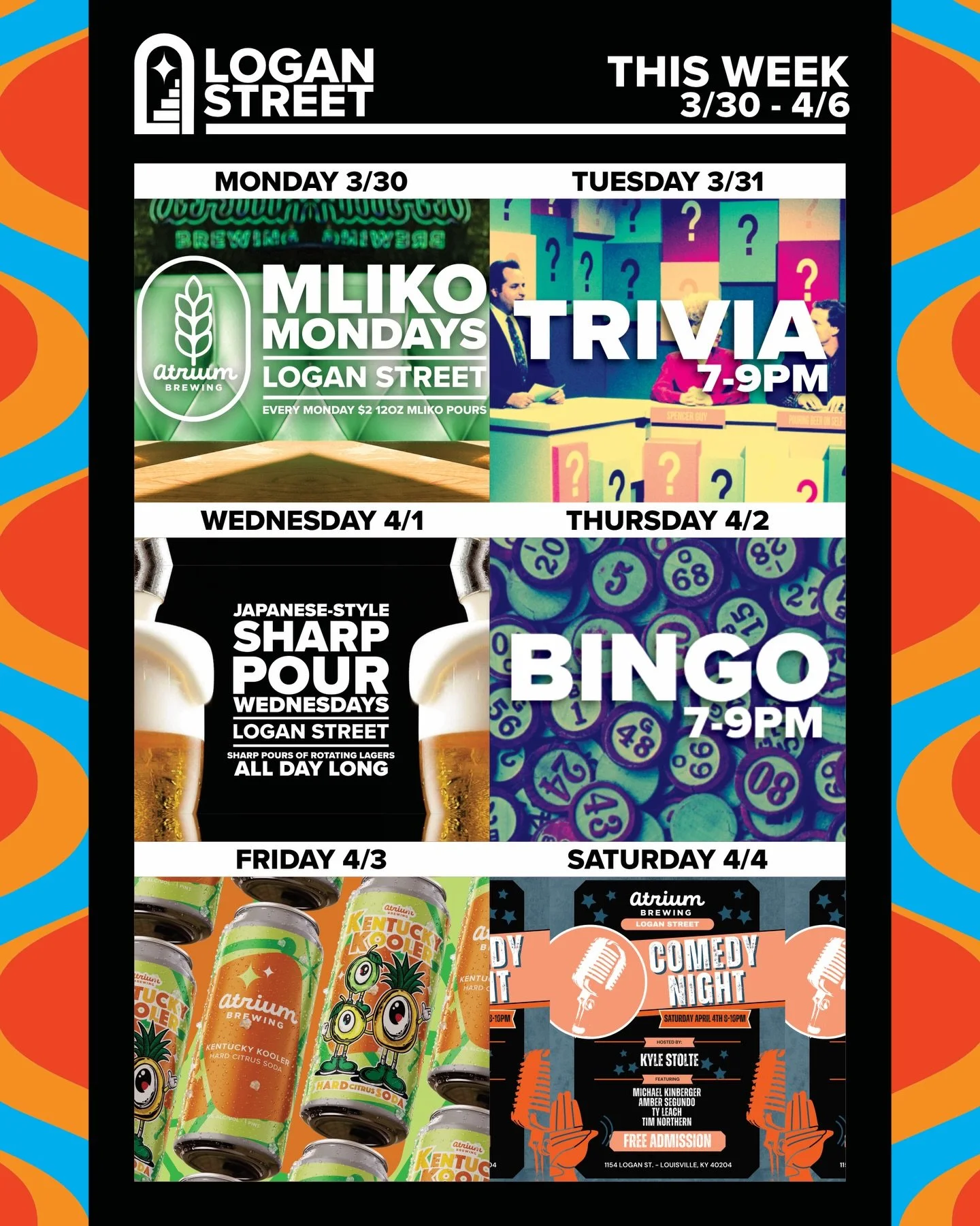 🗓️This Week at Atrium Brewing🗓️
3/30 - 4/6

Monday (3/30)
Logan Street Taproom will be offering up $2 Mliko pours of lager beer every Monday. Got Mliko?

Tuesday (3/31)
Both Taprooms will be hosting Trivia from 7-9PM. Flex your intellectual prowess