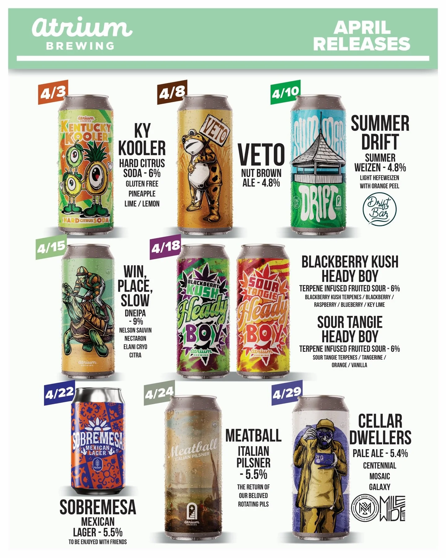 🍻APRIL RELEASES🍻

4/3
🍍Kentucky Kooler🍍
Hard Citrus Soda - 6%
**GLUTEN FREE**

4/8
🤎VETO🤎
Nut Brown Ale - 4.8%

4/10
🌞Summer Drift🌞
Summer Weizen - 4.8%
Collab w. @driftbarprospect 

4/15
🐢Win, Place, Slow🐢
DNEIPA - 9%

4/18
🫐Blackberry Ku