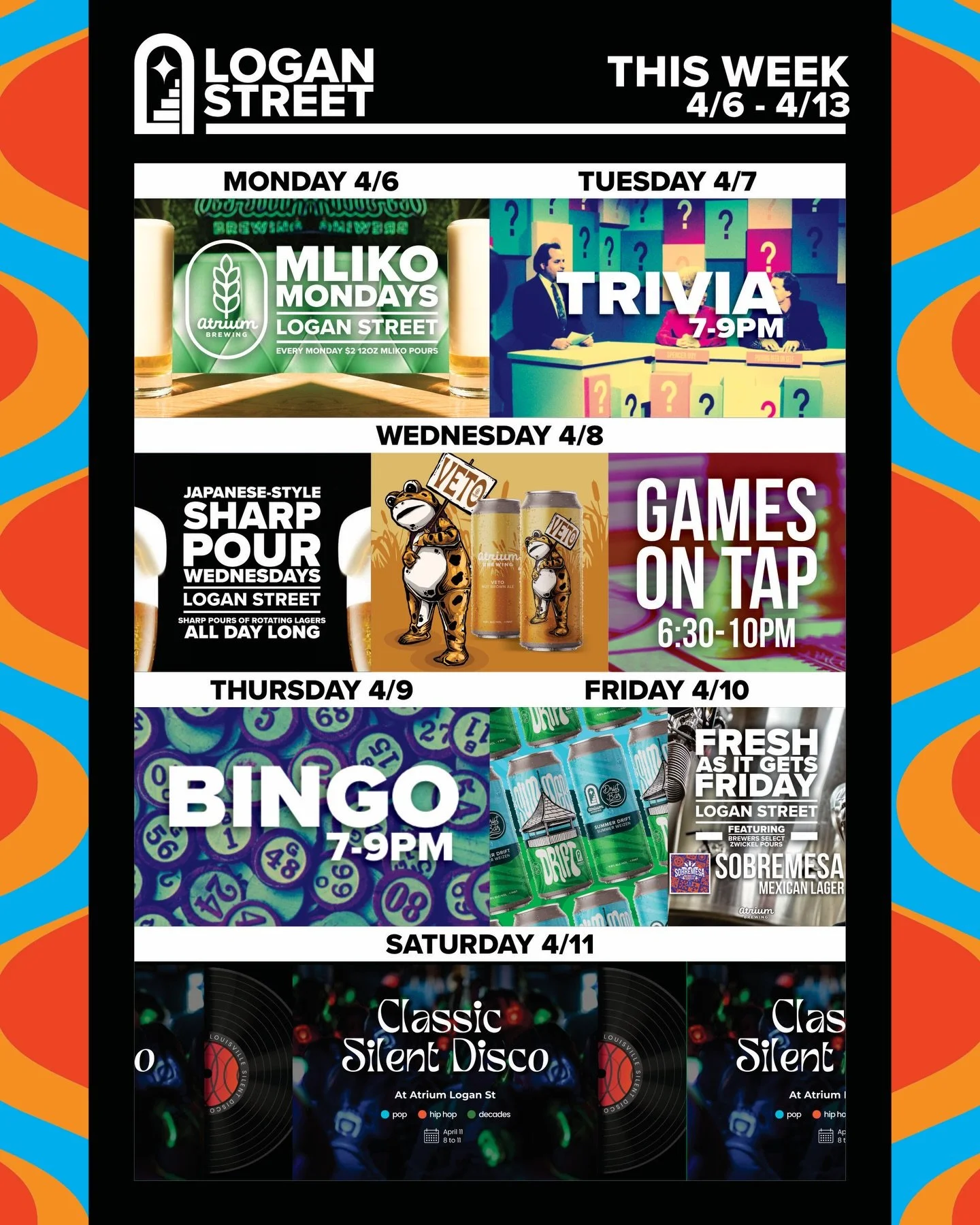 🗓️This Week at Atrium Brewing🗓️
4/6 - 4/13

Monday (4/6)
Logan Street Taproom will be offering up $2 Mliko pours of lager beer every Monday. Got Mliko?

Tuesday (4/7)
Both Taprooms will be hosting Trivia from 7-9PM. Flex your intellectual prowess w