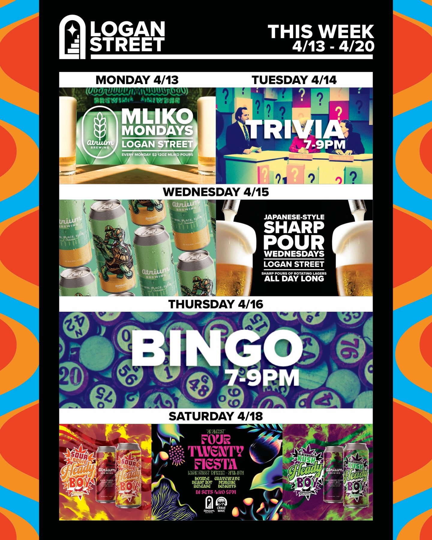 🗓️This Week at Atrium Brewing🗓️
4/13 - 4/20

Monday (4/13)
Logan Street Taproom will be offering up $2 Mliko pours of lager beer every Monday. Got Mliko?

Tuesday (4/14)
Both Taprooms will be hosting Trivia from 7-9PM. Flex your intellectual prowes