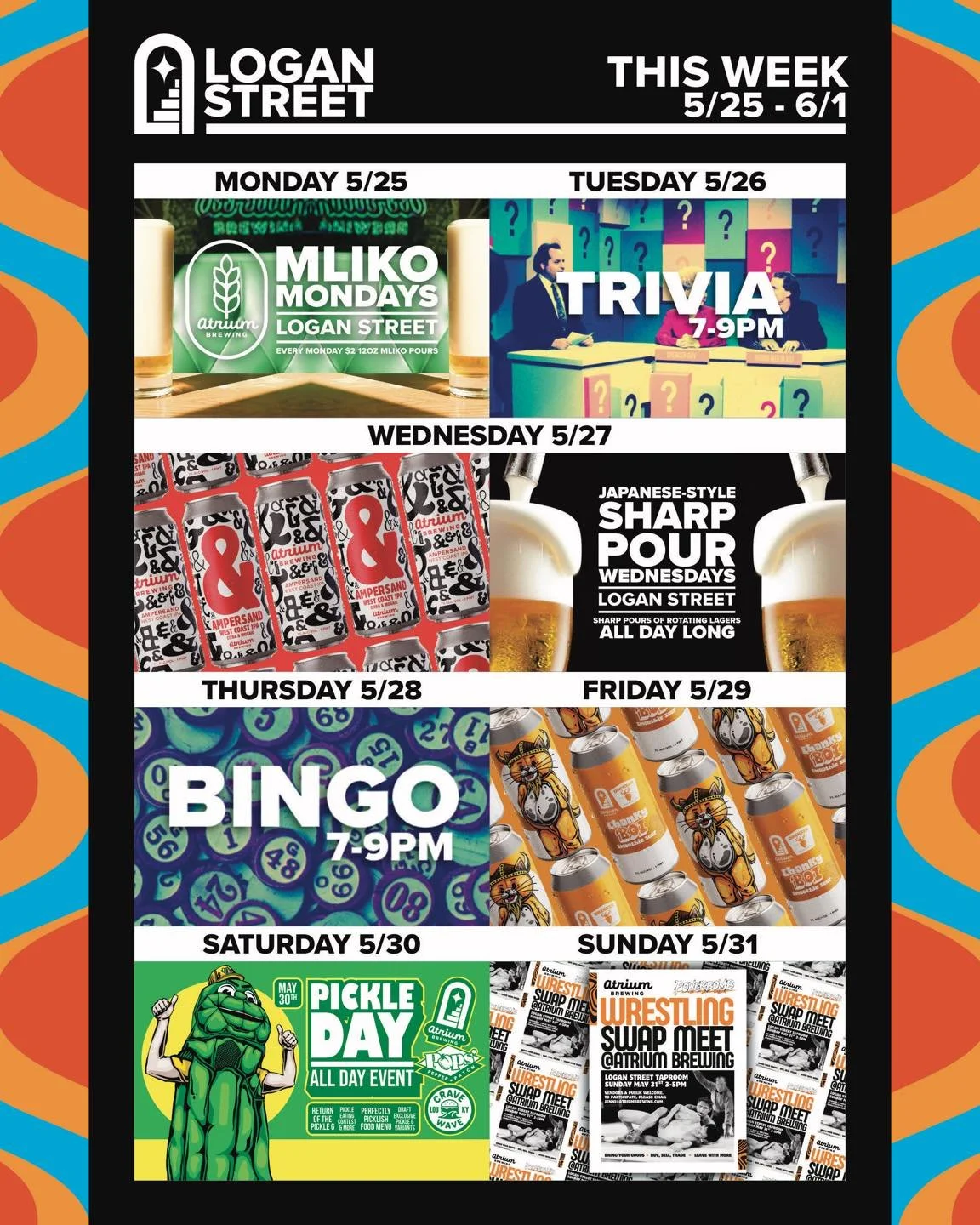 🗓️This Week at Atrium Brewing🗓️
5/25 - 6/1

Monday (5/25)
Logan Street Taproom will be offering up $2 Mliko pours of lager beer every Monday. Got Mliko?

Tuesday (5/26)
Both Taprooms will be hosting Trivia from 7-9PM. Flex your intellectual prowess